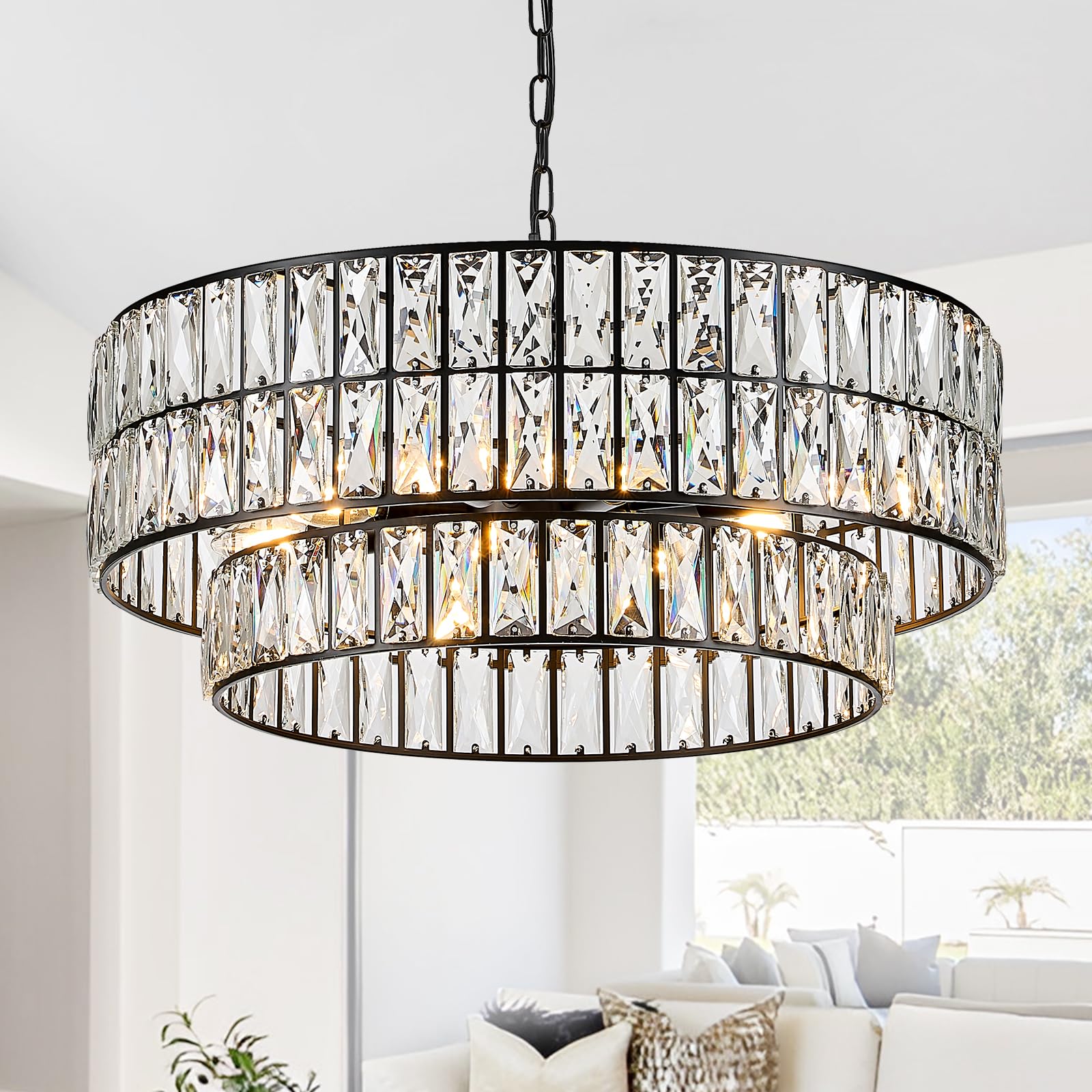 CATINER 24 Black Crystal Chandeliers Elegant 8-Lights Pendant Chandelier Drum Semi Flush Mount Ceiling Lights for Living Room Dining Room Foyer Bedroom Kitchen