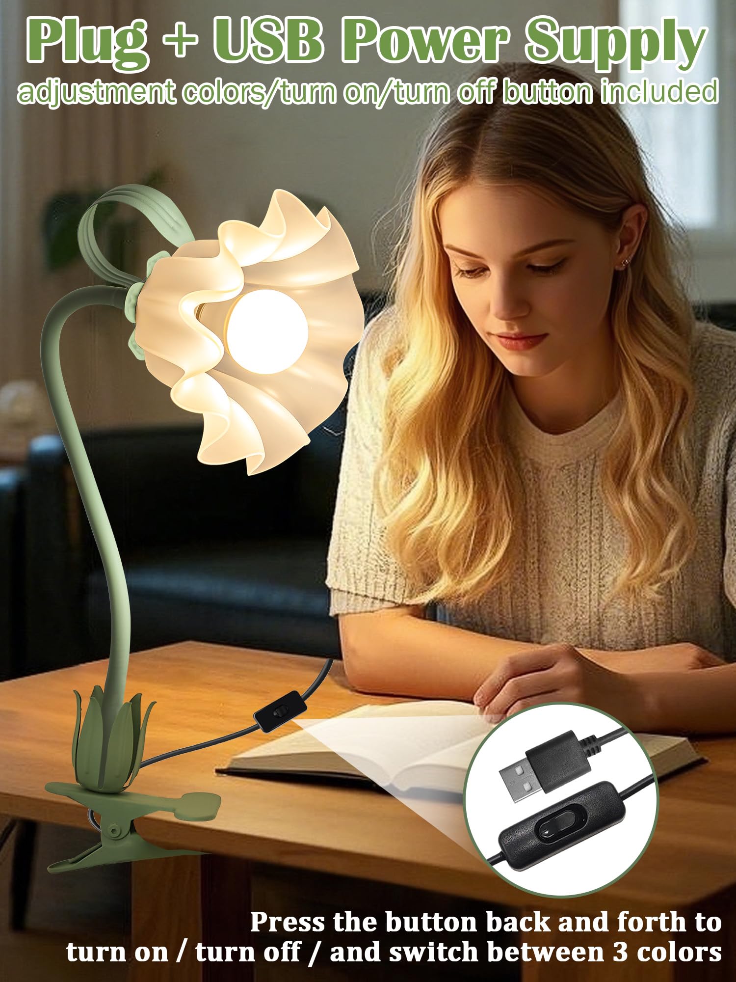 Dsyhyl Clip On Light Flower Desk Lamp With Clamp,3 Color Modes Led Eye-Caring Reading Light Flexible Gooseneck Book Light Study