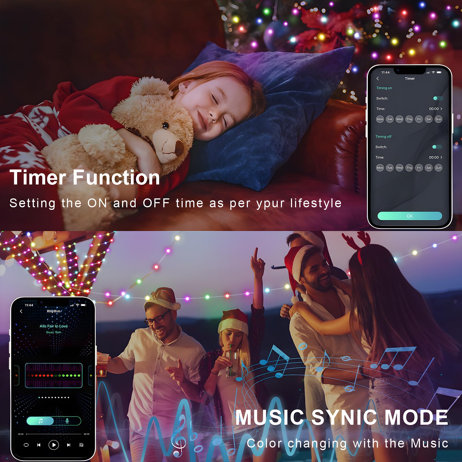VISDOLL String Lights Indoor, RGB Smart Twinkle Light 32.8FT, 66 LEDs, Music Sync, RF Remote, USB Powered, Multicolor