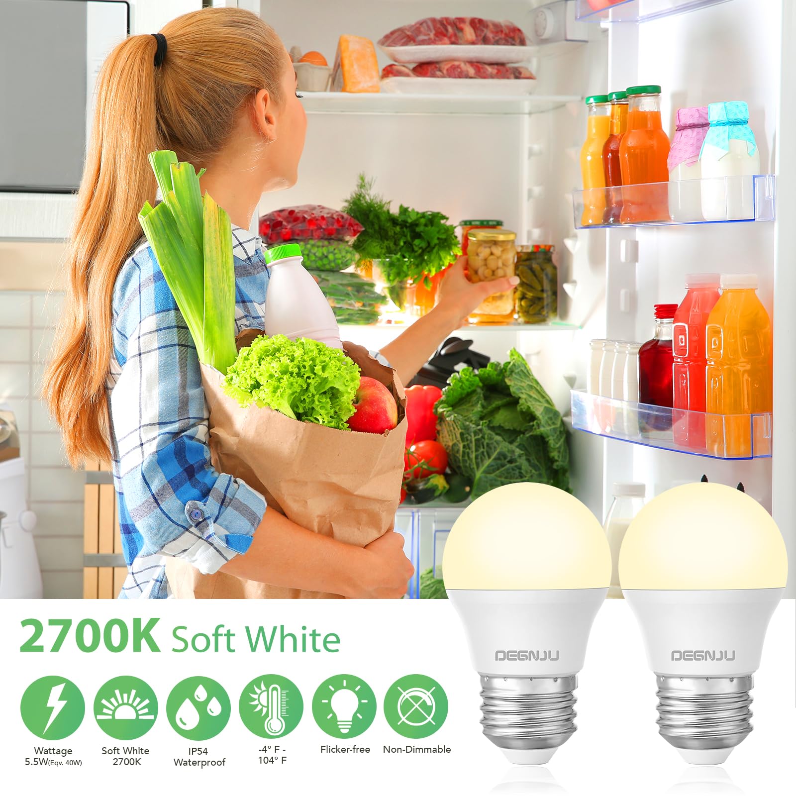 Degnju Led Refrigerator Light Bulb, 40 Watt Equivalent, 120V, Fridge Light Bulb 2700K Soft White, A15 Appliance Bulb 5.5W For Fr