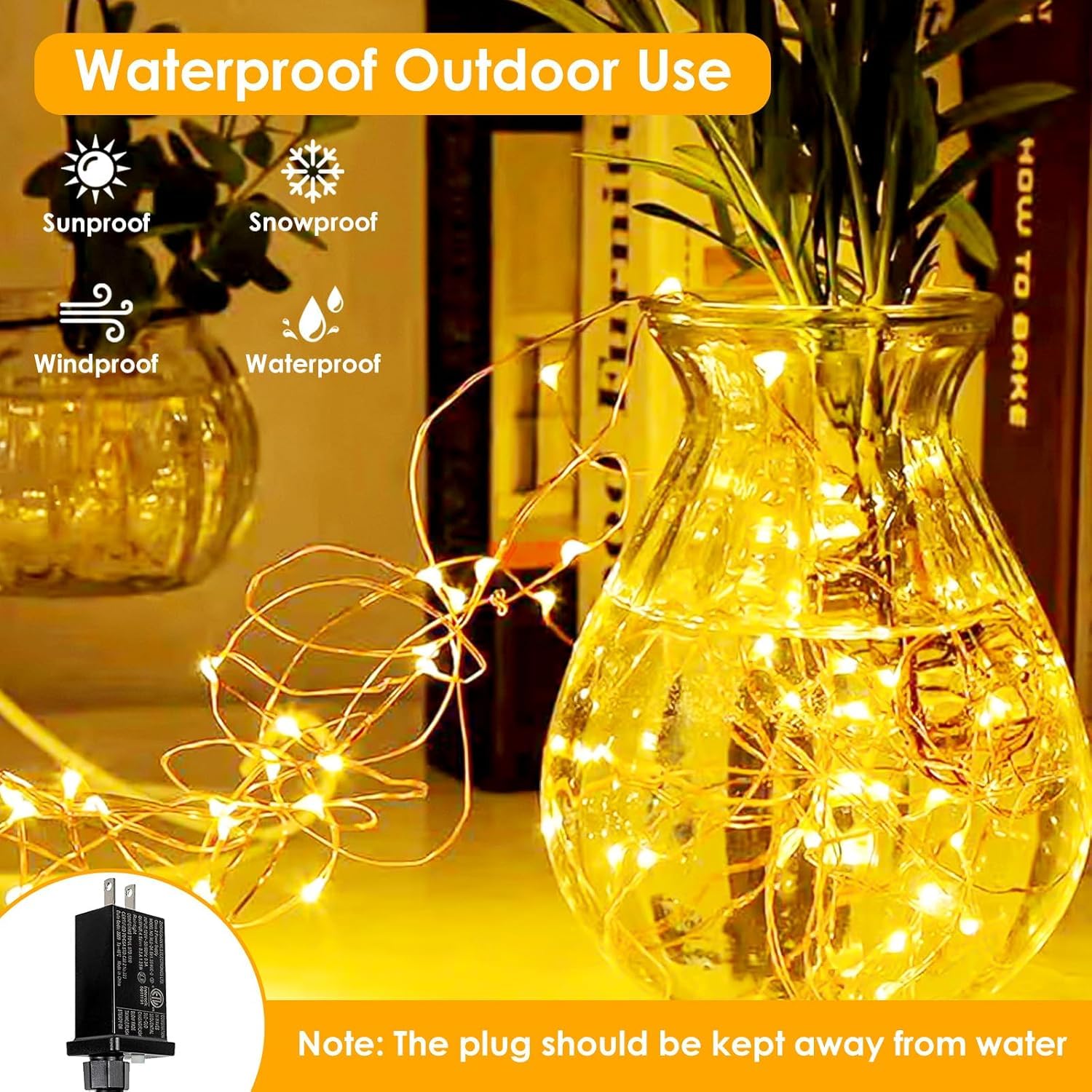 BHCLIGHT 99Ft 300 LED Fairy Lights, Waterproof, 8 Modes, Timer, Warm White, Indoor/Outdoor, Model MLS-D4.5V1.35WUC-O