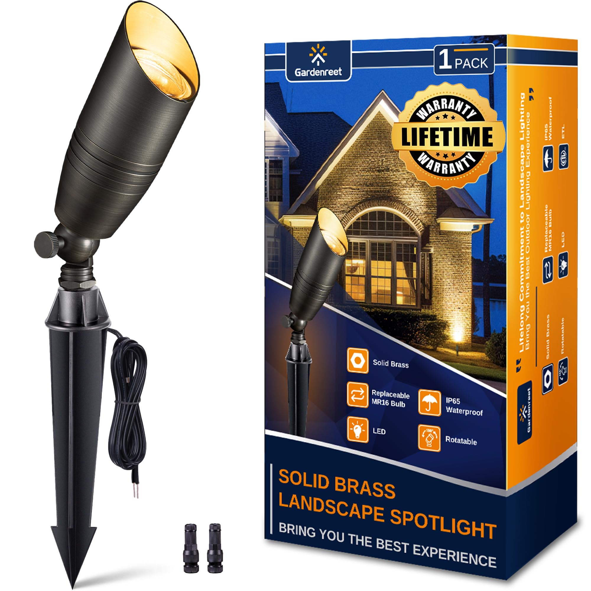 Gardenreet Brass Landscape Lighting - Low Voltage Spotlights Outdoor LED, 12V Wired Uplights, Waterproof Spot Lights, Antique Br