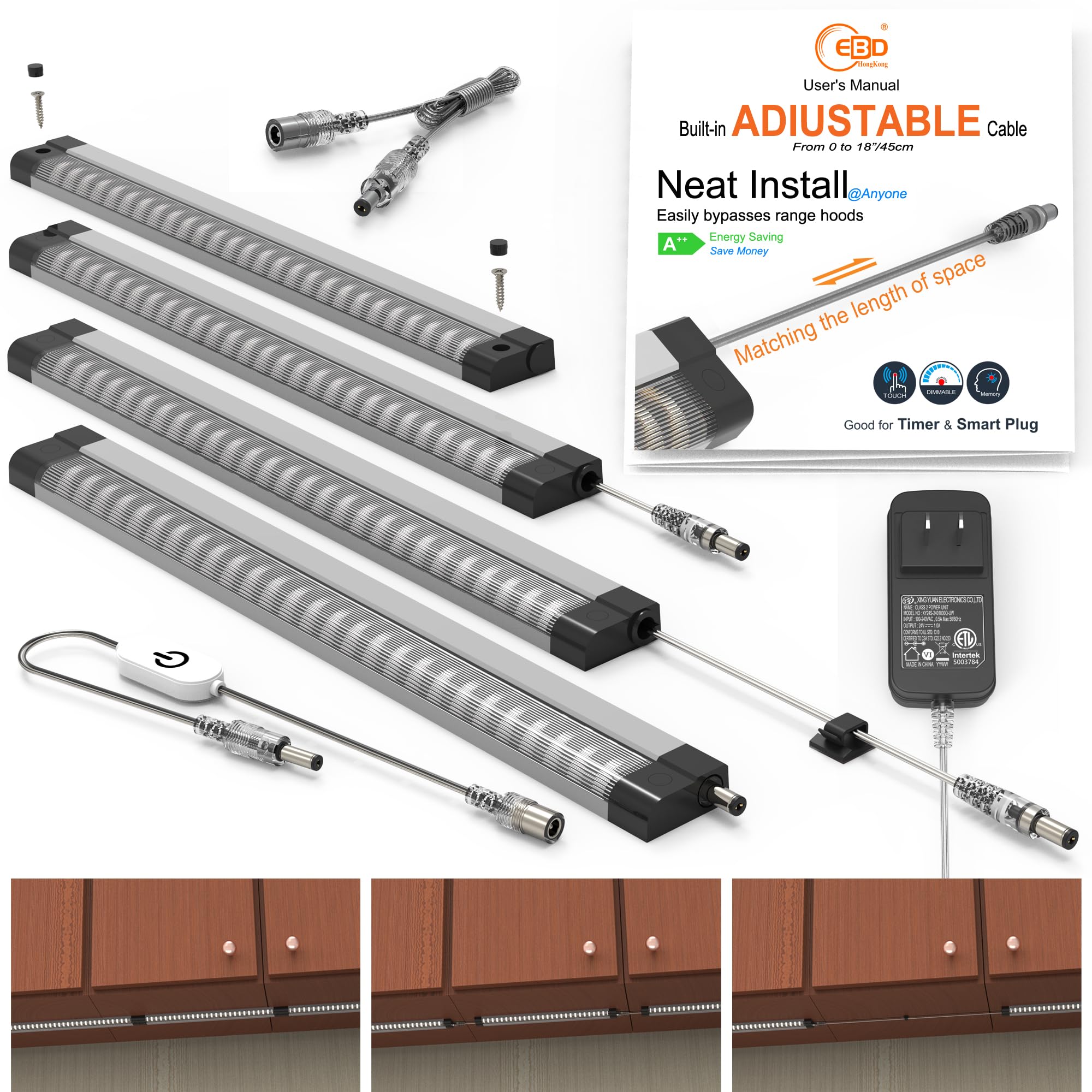 EBD led Under Cabinet Lighting Bar Built-in Adjustable Cable Neat Install Under Counter Lights for Kitchen Closet Shelf Workbenc