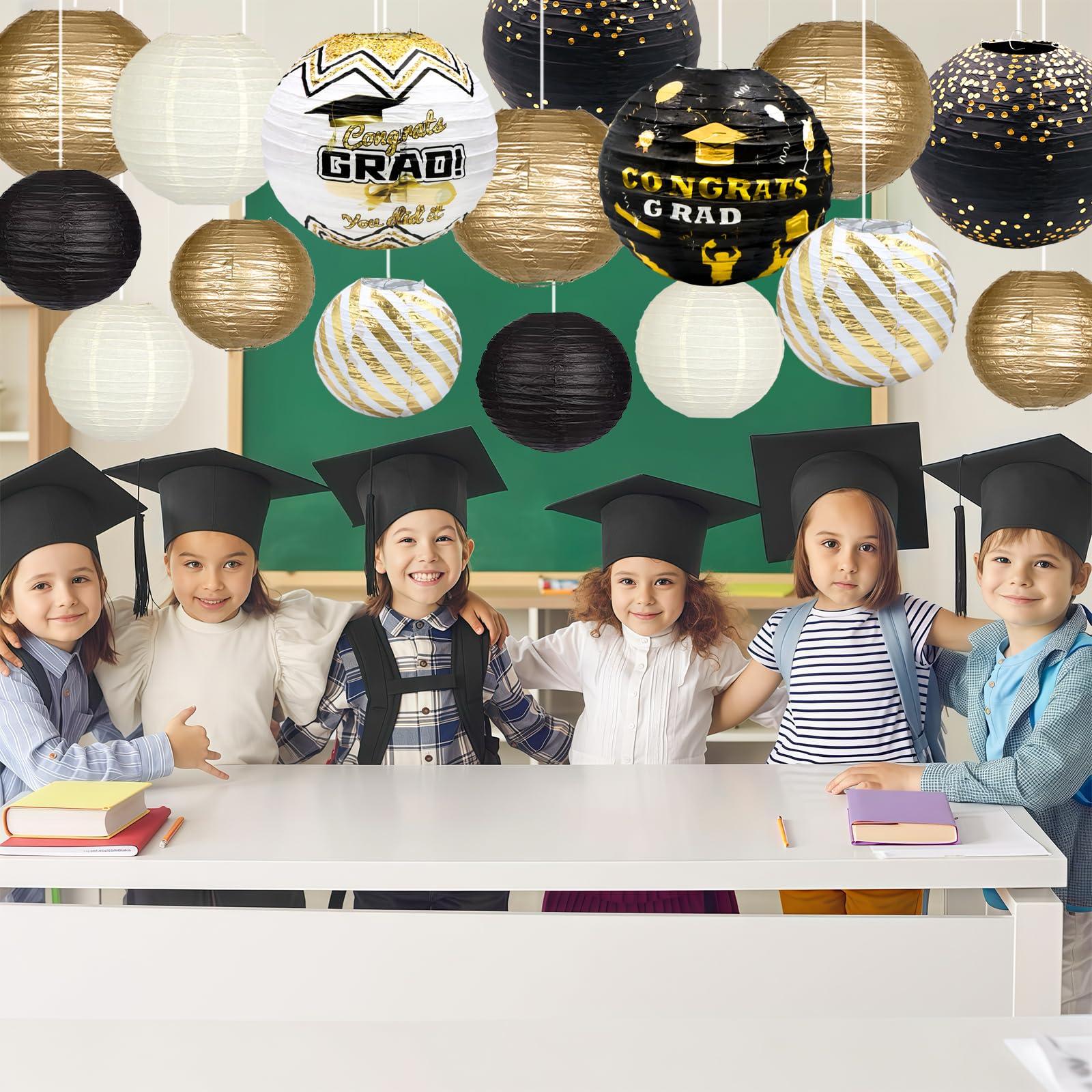 Adlkgg Graduation Paper Lanterns Party Decorations, Black And Gold Hanging Paper Lanterns For Class Of 2025 Decorations, Congrat