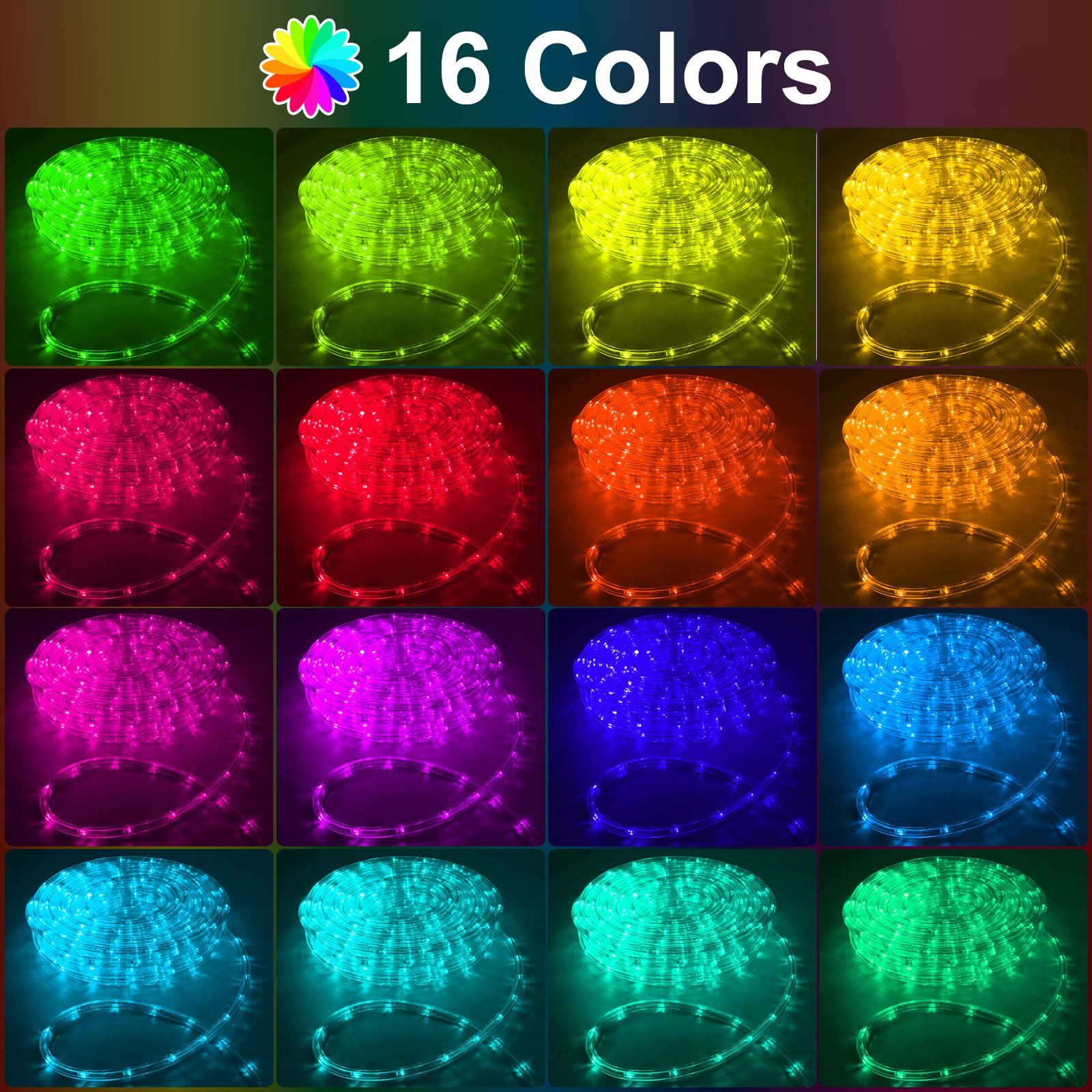 SINGCHUNGTE 50Ft LED Color Changing Rope Lights, Waterproof RGB 16 Colors, Remote Control for Outdoor & Indoor Decoration