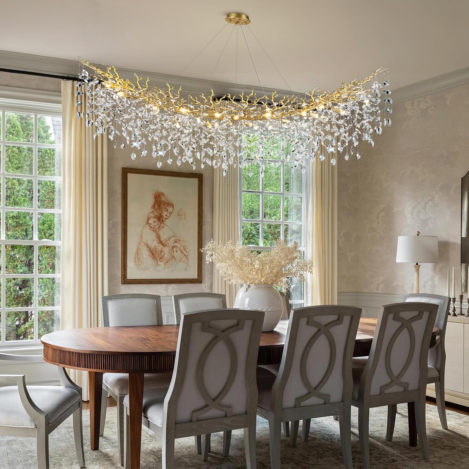 Kvtinmty Modern Crystal Gold Chandelier,72'' Large Rectangular Chandeliers For Dining Room, Tree Branch Crystal Lving Room Chand