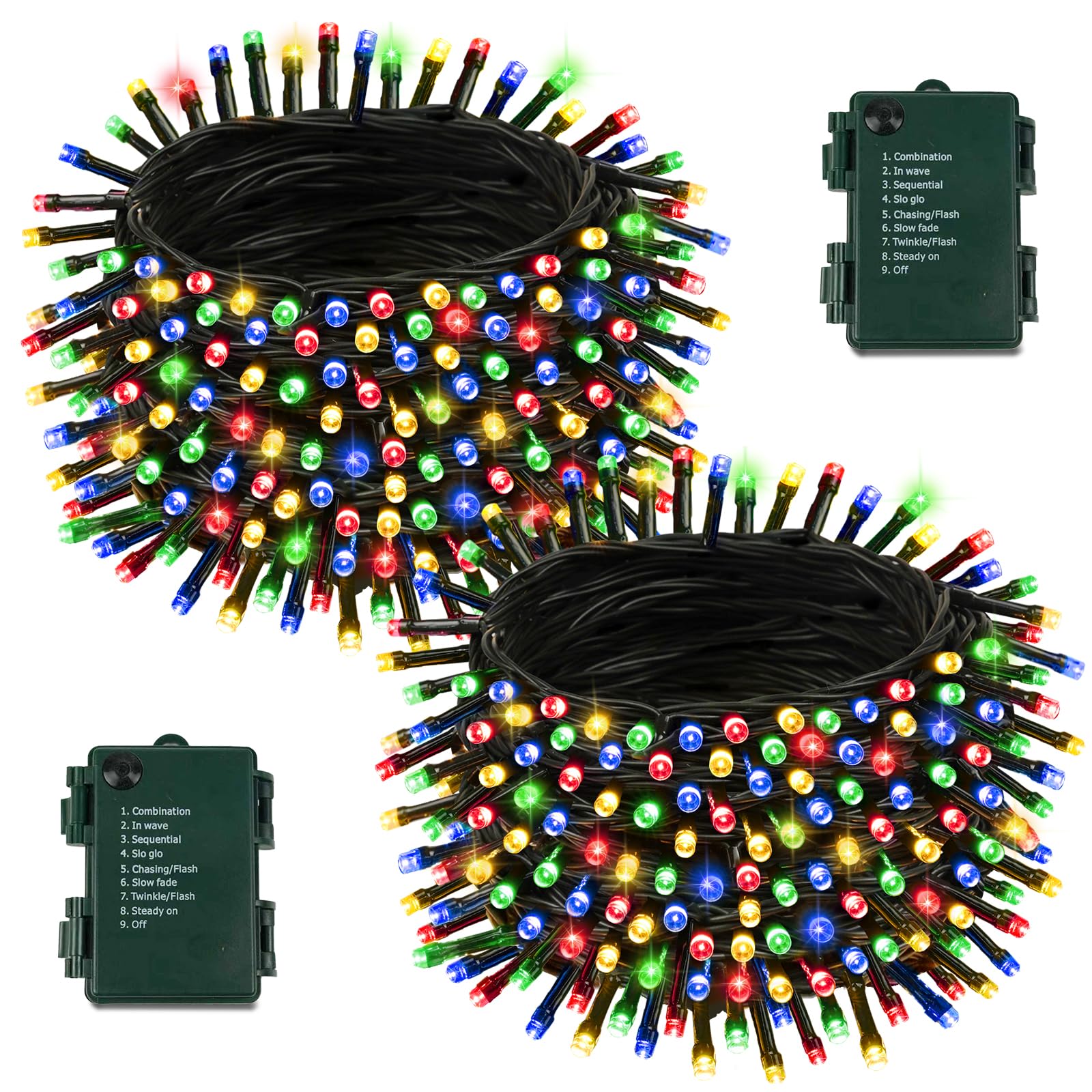 2 Pack Battery Operated Christmas Lights With Timer  66Ft 200 Led Waterproof Battery Twinkle Light  8 Modes Green Wire Fairy Lights For Indoor & Outdoor Bedroom Tree Christmas Decorations (Multicolor)