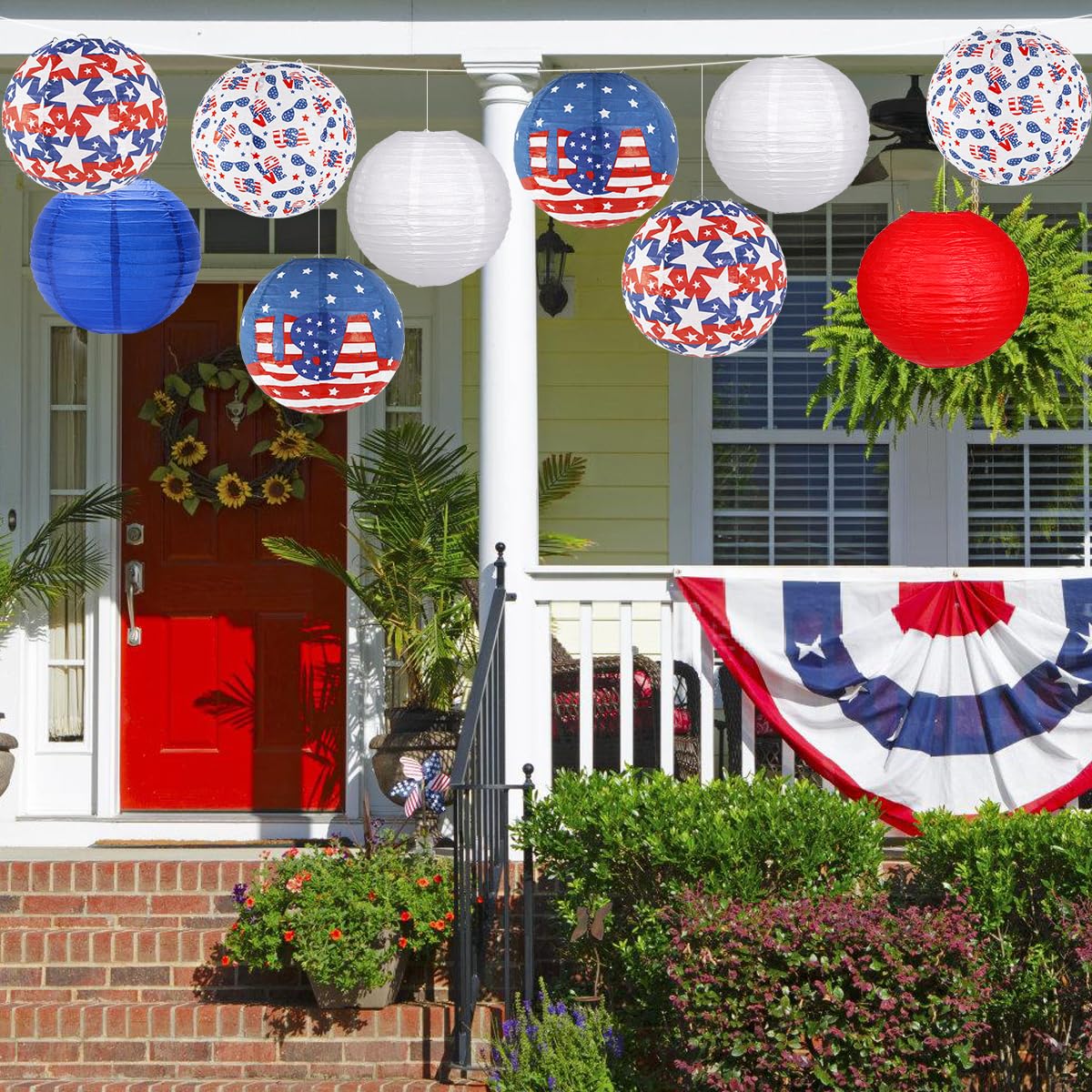 YUNXUAN 4th of July Paper Lanterns - Pack of 10 Red, White & Blue Hanging Decorations for Independence Day & Memorial Day Parties
