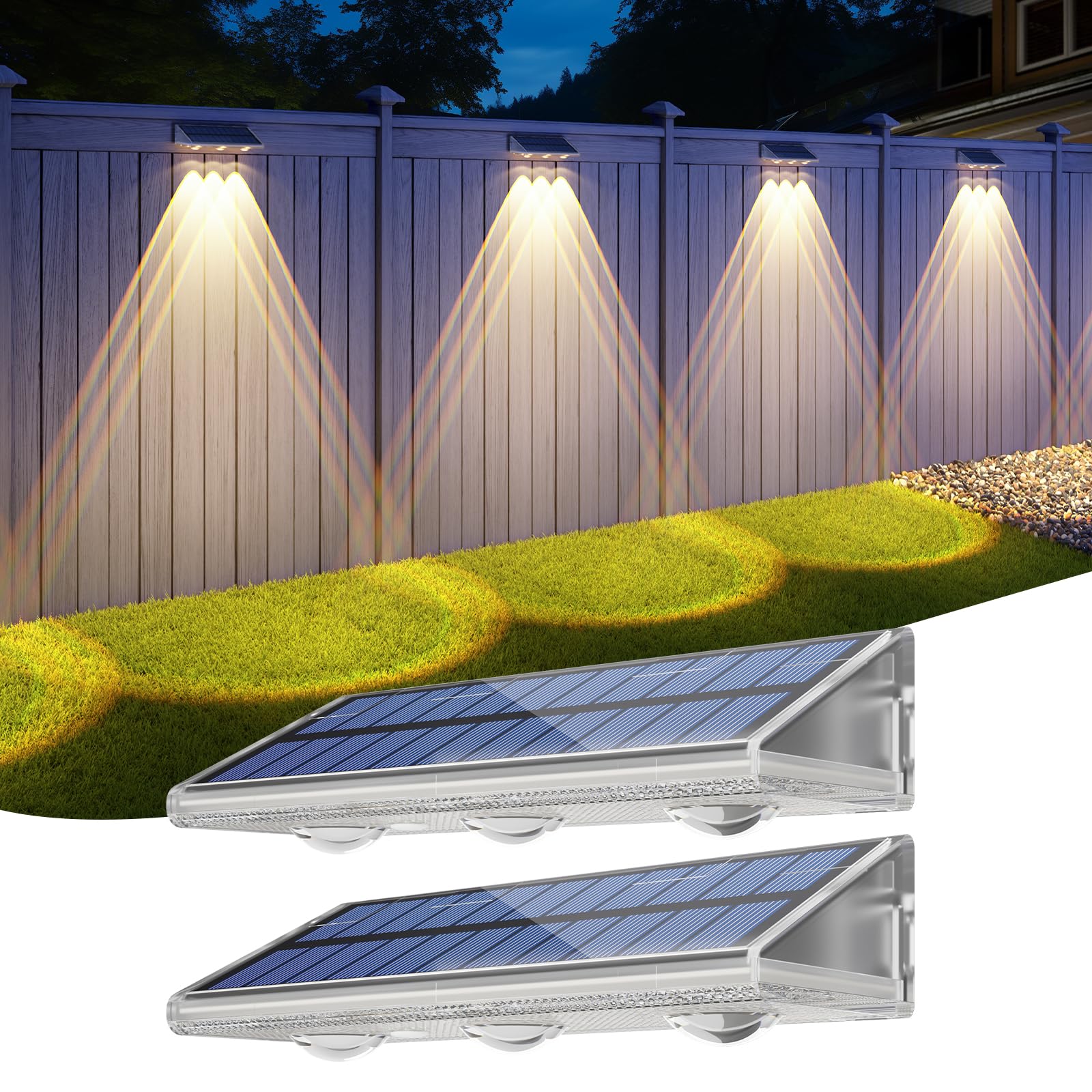 YiLaie Solar Fence Lights Outdoor 3000K/4500K/6500K 3 Mode, IP67 Waterproof Fence Solar Lights Outdoor,2000mAh Solar Powered Fen