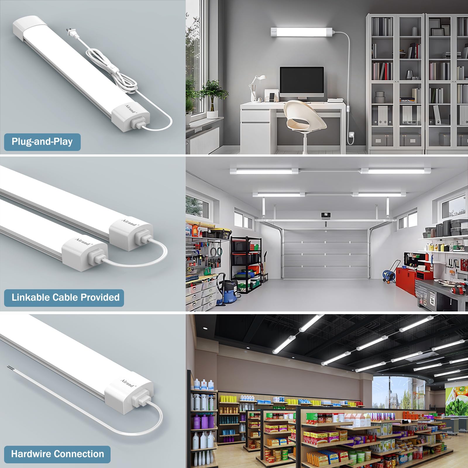 Airand 2ft LED Ceiling Light Fixture, 18W, Daylight White, Linkable, PC Plastic, Model 1100-1300, Utility Shop Lamp with ON/Off Switch