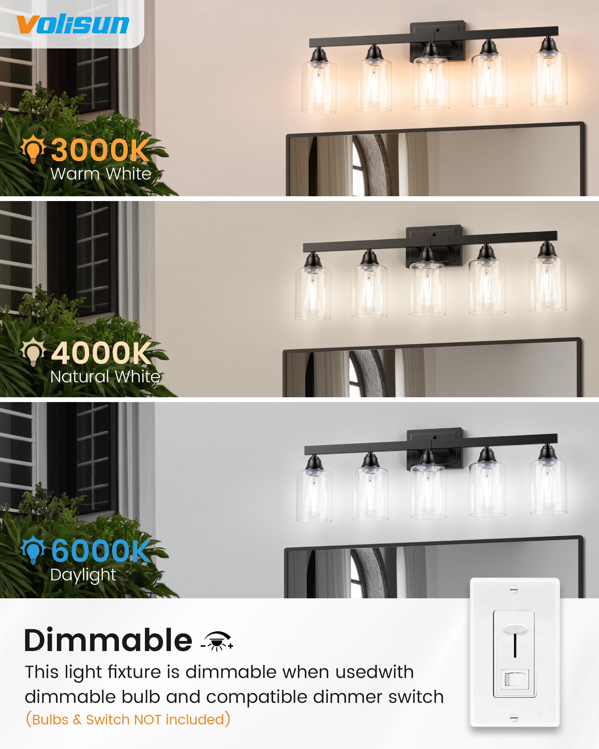 Volisun 5-Light Bathroom Light Fixtures, Matte Black Bathroom Vanity Light Over Mirror, Modern Vanity Light For Bathroom, Bathro