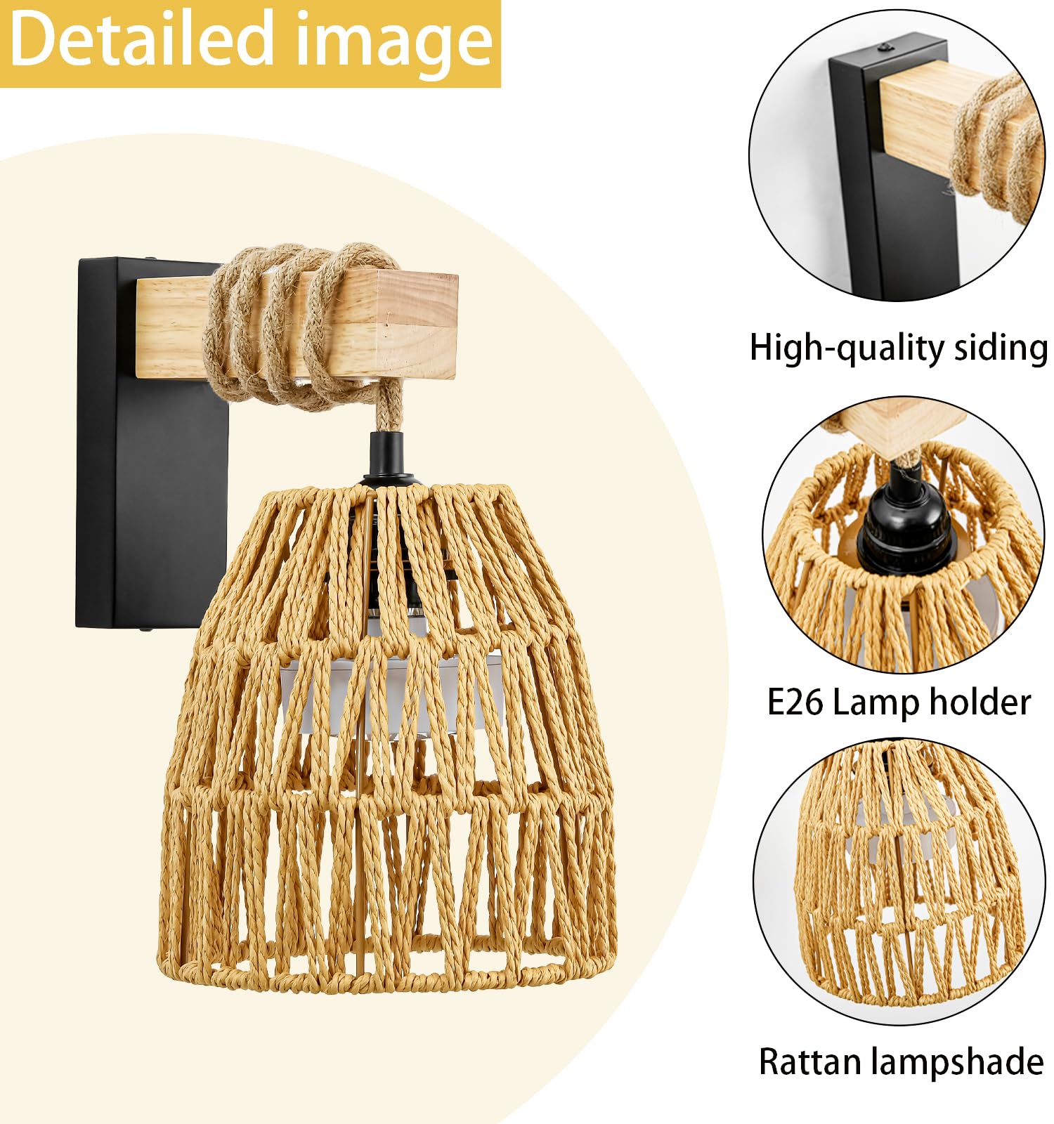 Battery Operated Wall Sconces, Set of 2 Rattan Boho Wireless Sconce with Remote Control, Ideal for Bedroom, Living Room, Entrywa