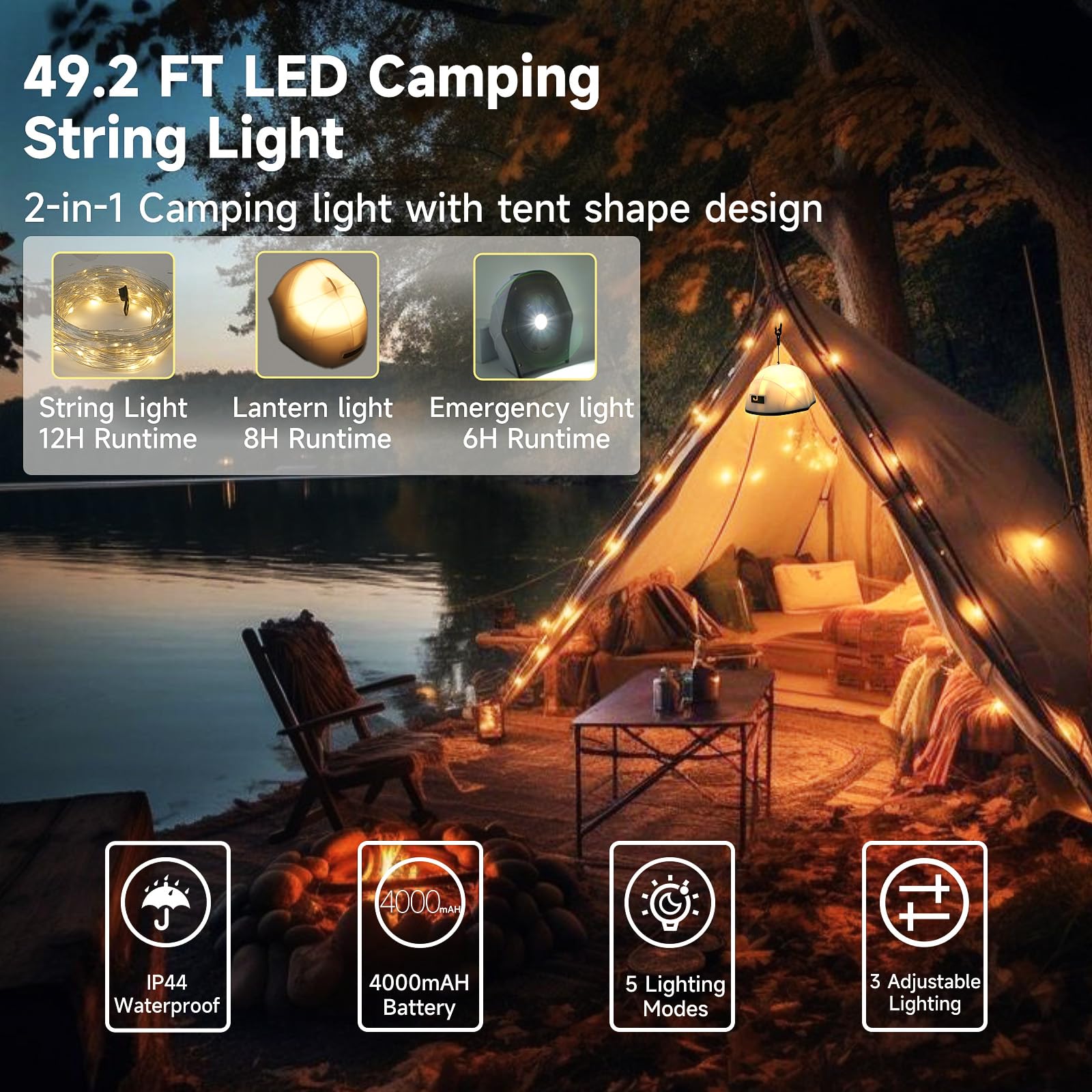 Camping String Light, 49.2FT Rechargeable Waterproof LED Camping Outdoor Light, Portable Emergency Outdoor Tent Lights with 4000