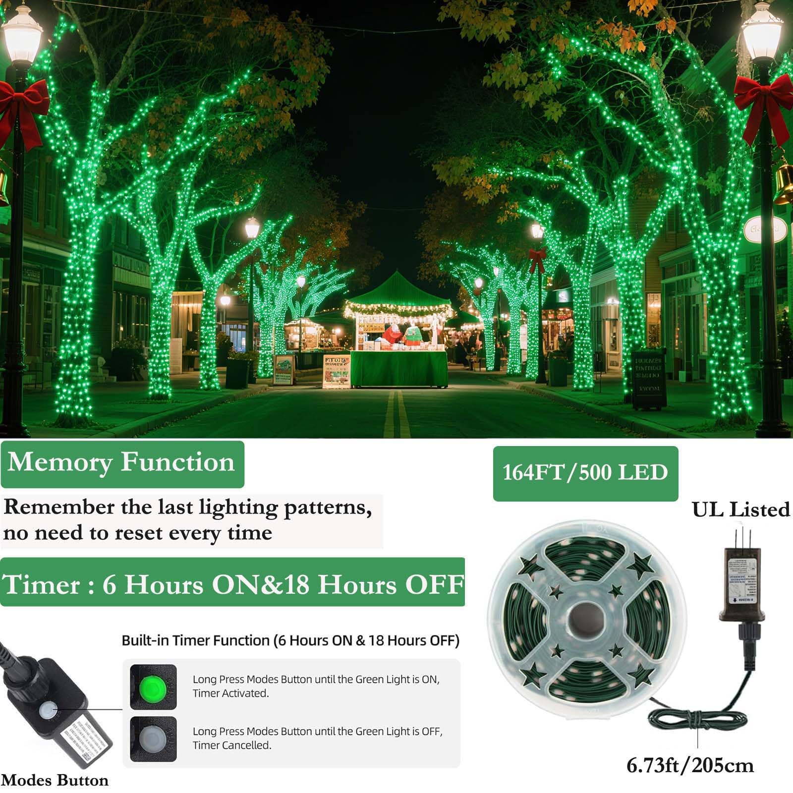 Tcamp 164Ft 500 Led Green Christmas Lights  8 Modes Christmas Tree Lights With Timer Memory Function  Green Wire Starry Fairy String Light For Xmas Tree Outdoor Indoor Decor