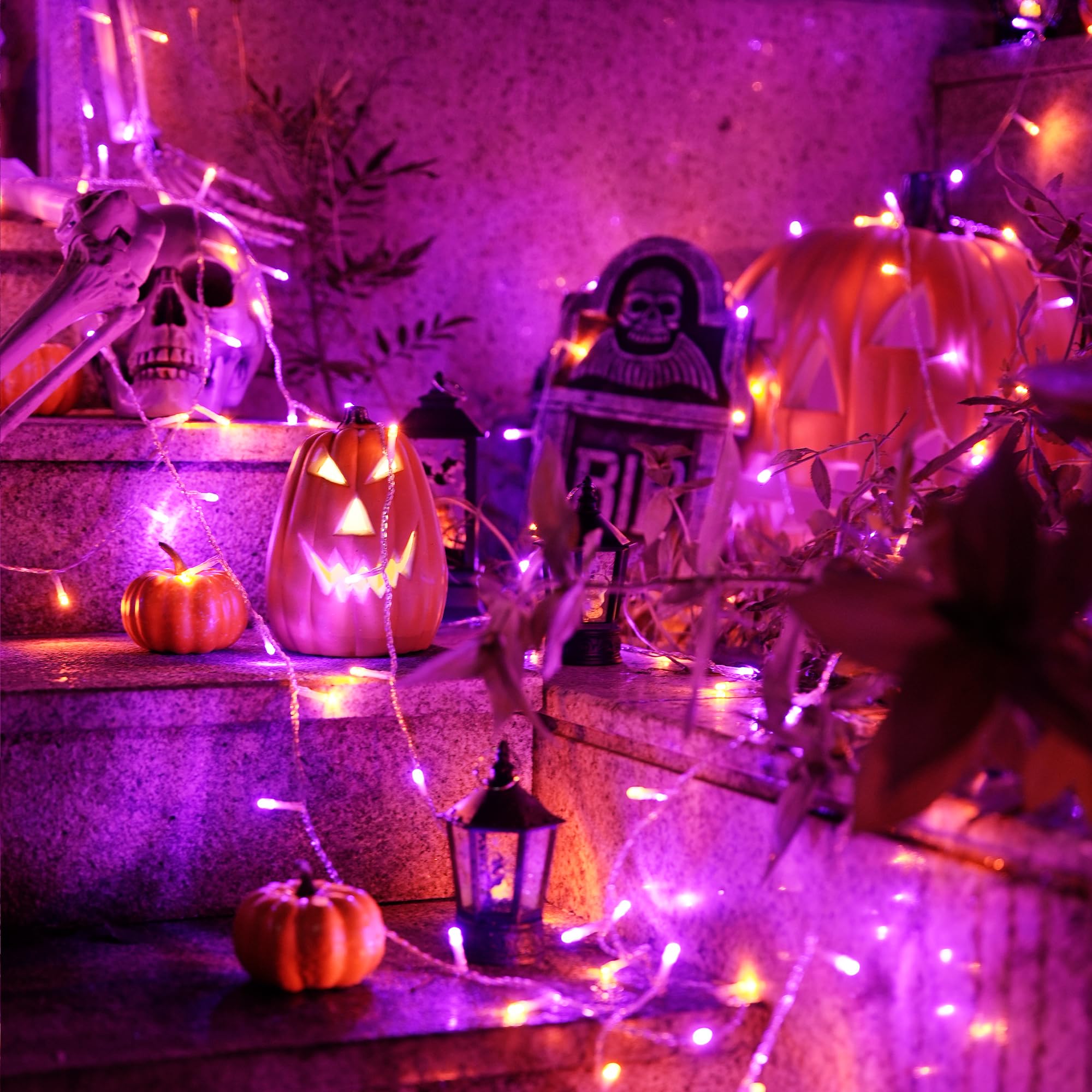 Jmexsuss 33Ft 100 Led Halloween String Lights, Orange & Purple, Waterproof, 8 Modes, Clear Wire, Model Exs-S-0100