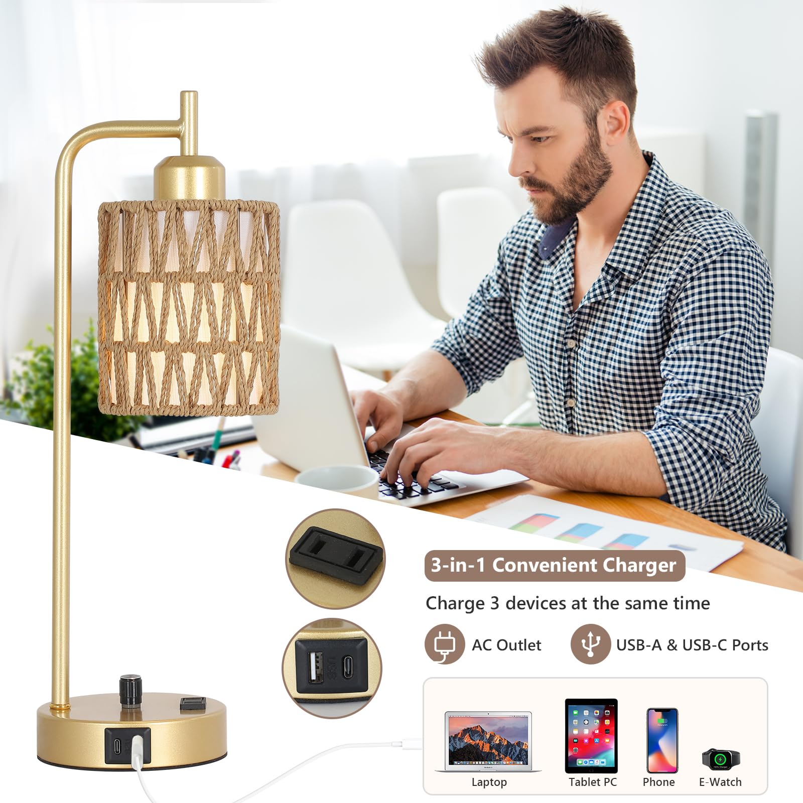 Stepeak Gold Lamp For Bedroom, Boho Rattan Table Lamps Set Of 2 With Led Bulbs, Bedside Lamps For Night Stands With Wicker Shade
