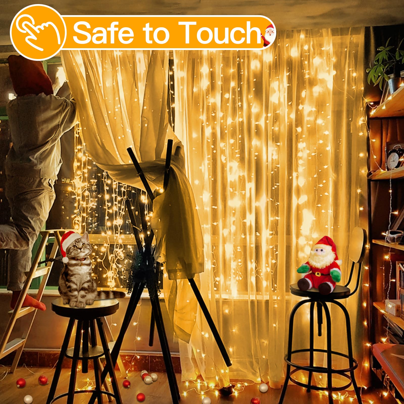 Ollny 300 LED Christmas Curtain Lights, 9.8FT Warm White, Waterproof with Remote Timer & 8 Modes, Model W0103M300L