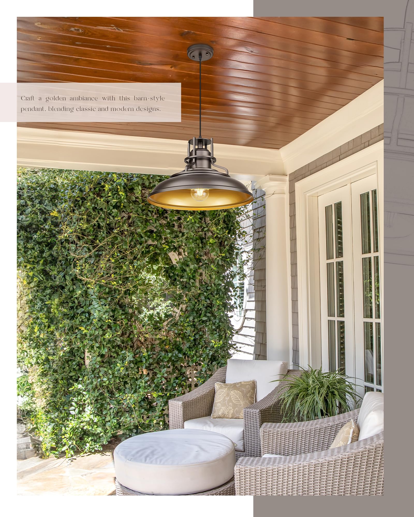 FEMILA 18" Outdoor Pendant Light, Farmhouse Hanging Fixture, Oil Rubbed Bronze, Adjustable Height, Model 4FY15-MP-L ORB