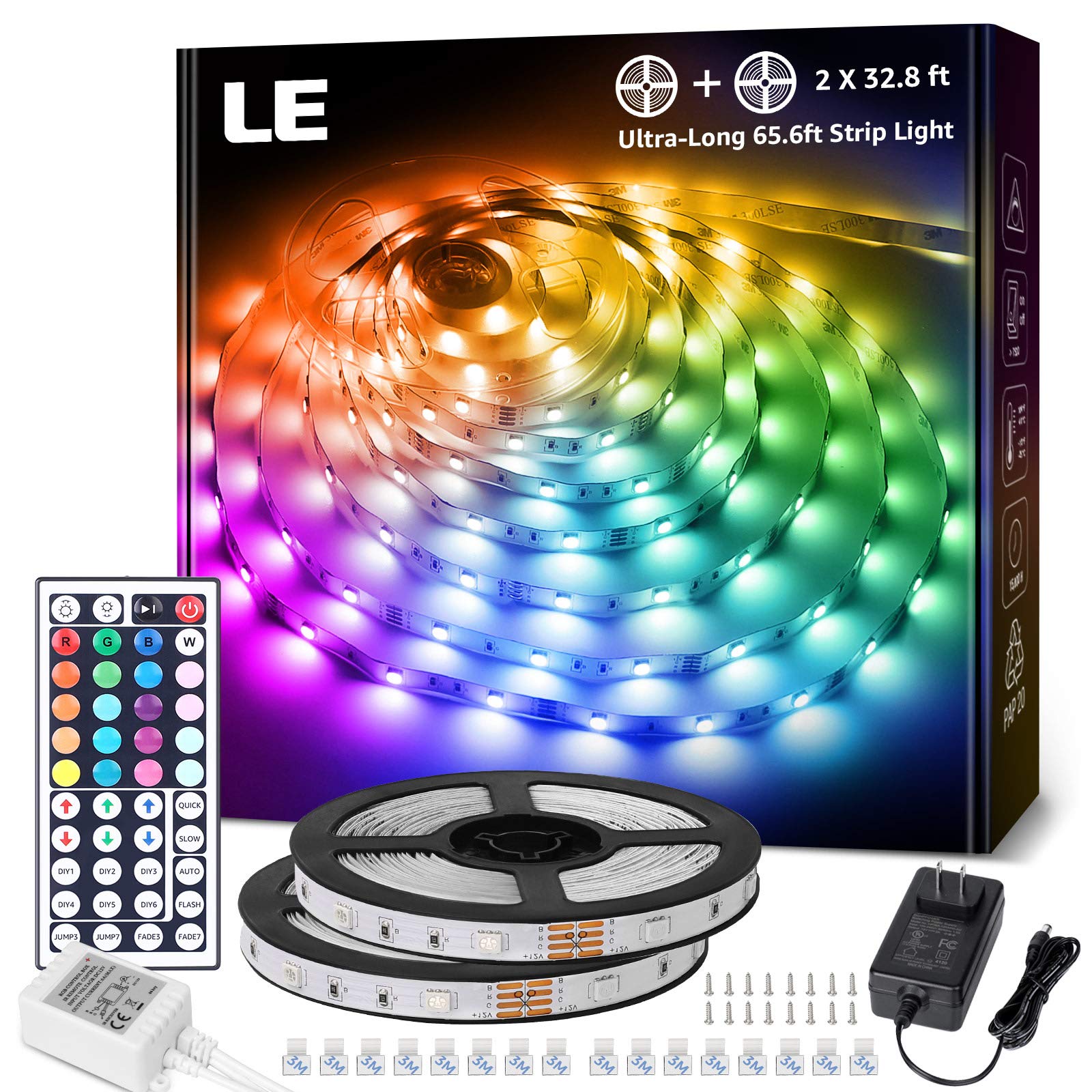 LE 65.6ft LED Strip Lights, Ultra-Long RGB 5050 LED Strips with Remote Controller and Fixing Clips, Color Changing Tape Light with 12V ETL Listed Adapter for Halloween Decorations(32.8FTX 2)