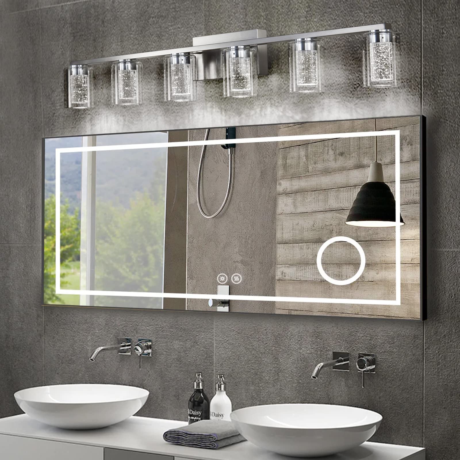6 Light Bathroom Light Fixtures, Brushed Nickel Bathroom Vanity Light, Crystal Bubble Glass With Dimmable 3-Color (White/Neutral/Warm), Led Bathroom Wall Sconce For Bathroom Hallway Living Room