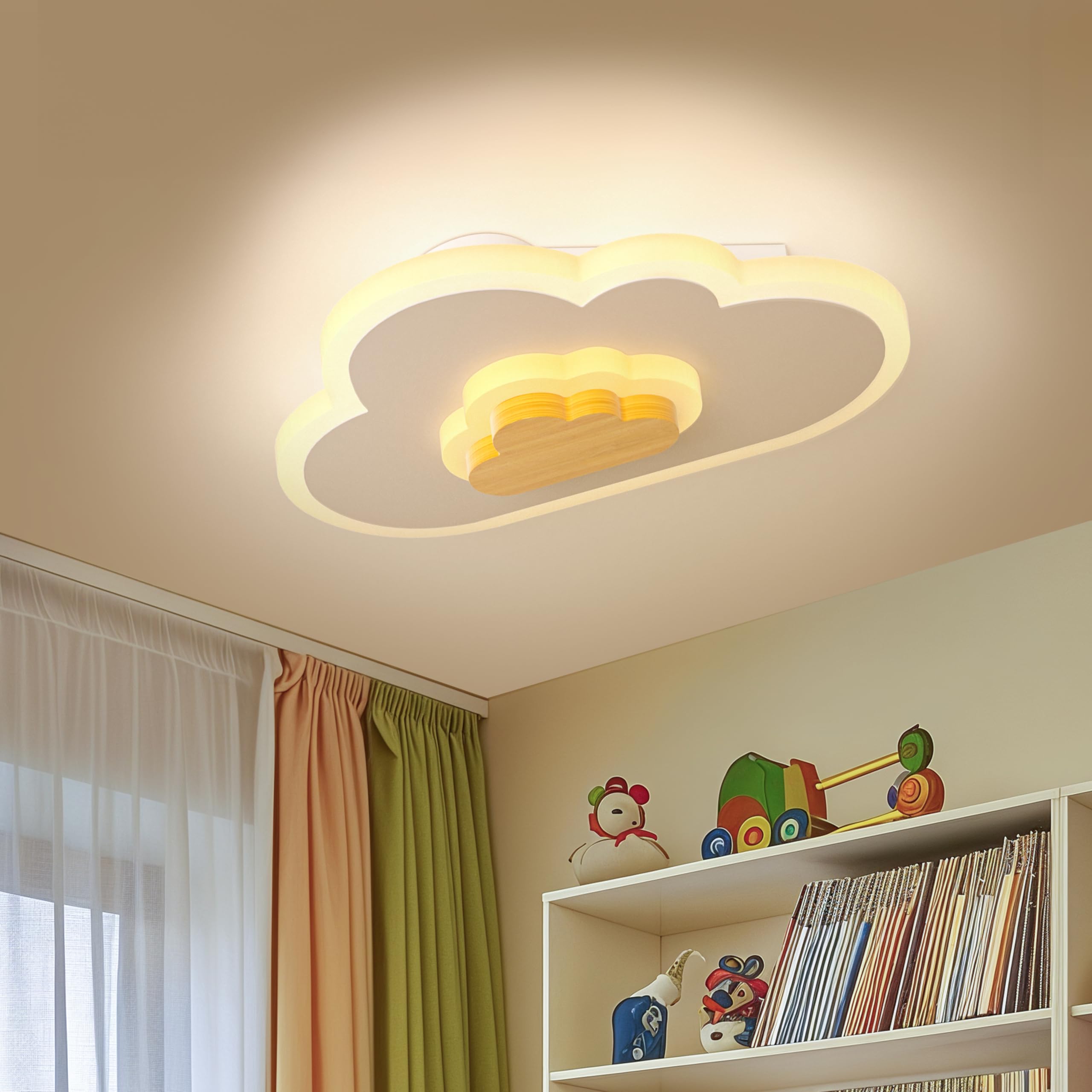 LED Ceiling Light 26W Wood Cloud Cartoon Kids Ceiling Light 15.74in Kids Room Light fixtures Ceiling Mount 3000-6500K with night