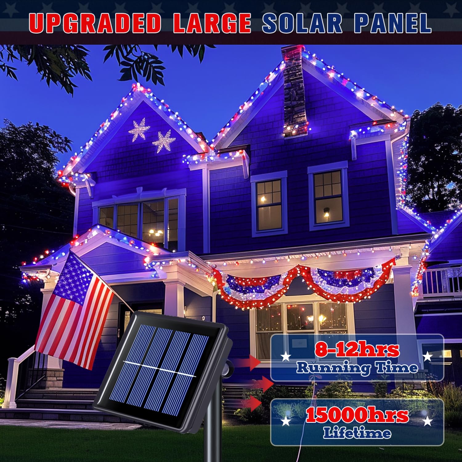 Jmexsuss 2 Pack Red White And Blue Solar Lights, 200Led 75.5Ft Patriot Solar String Lights Outdoor Waterproof, 8 Modes 4Th Of July Lights For Independence Day Patio Garden Tree Decorations