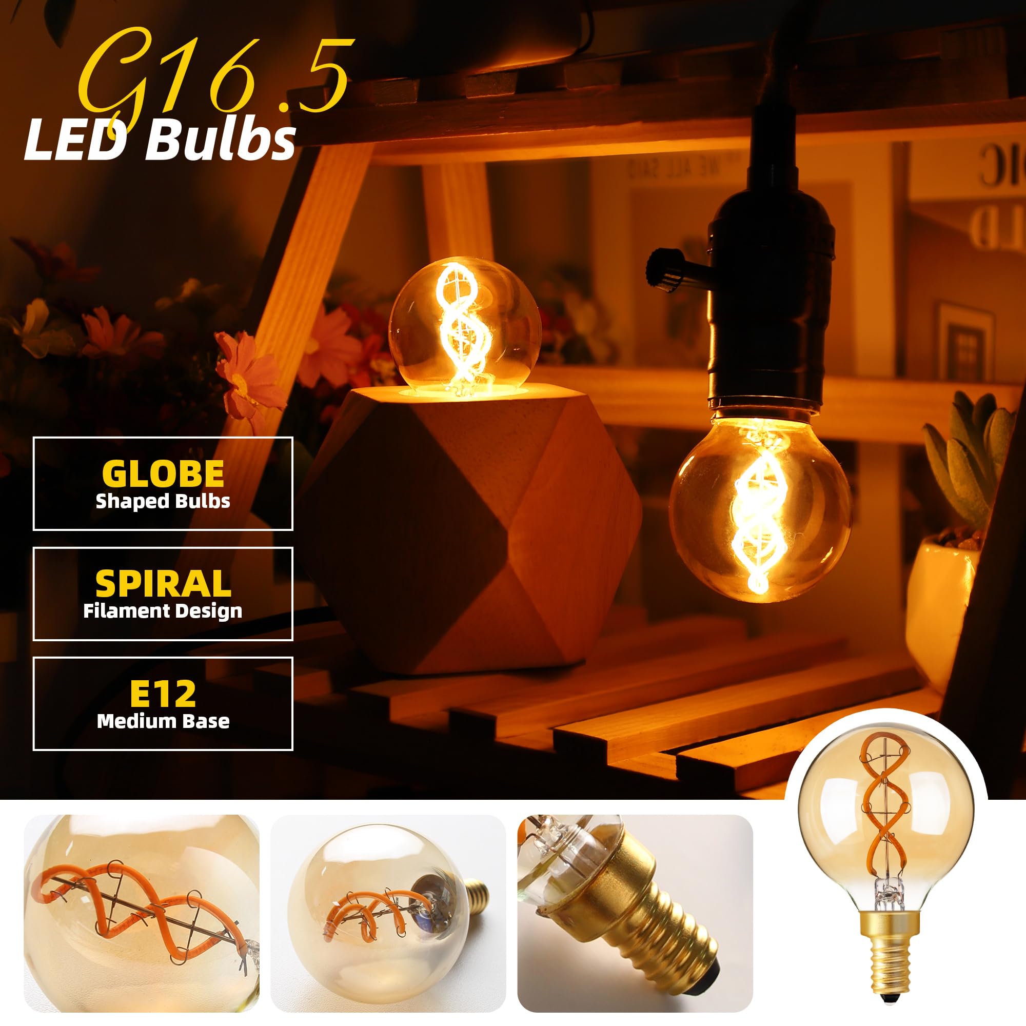 Genixgreen Dimmable LED Candelabra Bulb, Amber E12, 3W Equivalent, Soft White 2200K, 180LM, 2 Pack, Antique Style G16