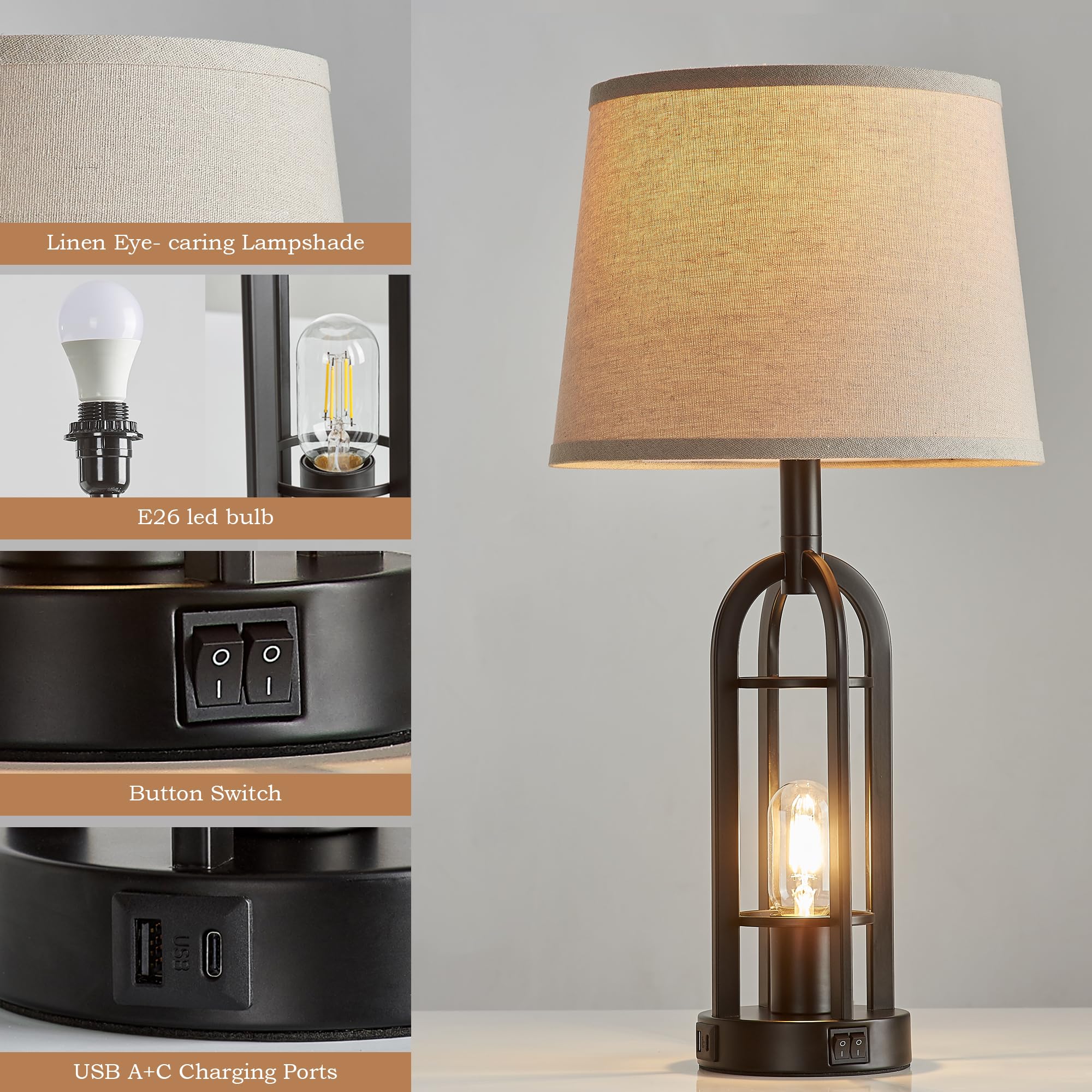 SRJJA Black Table Lamps Set of 2 - 24'' Industrial Bedside Lamps with USB A+C for Living Room and Night Stands