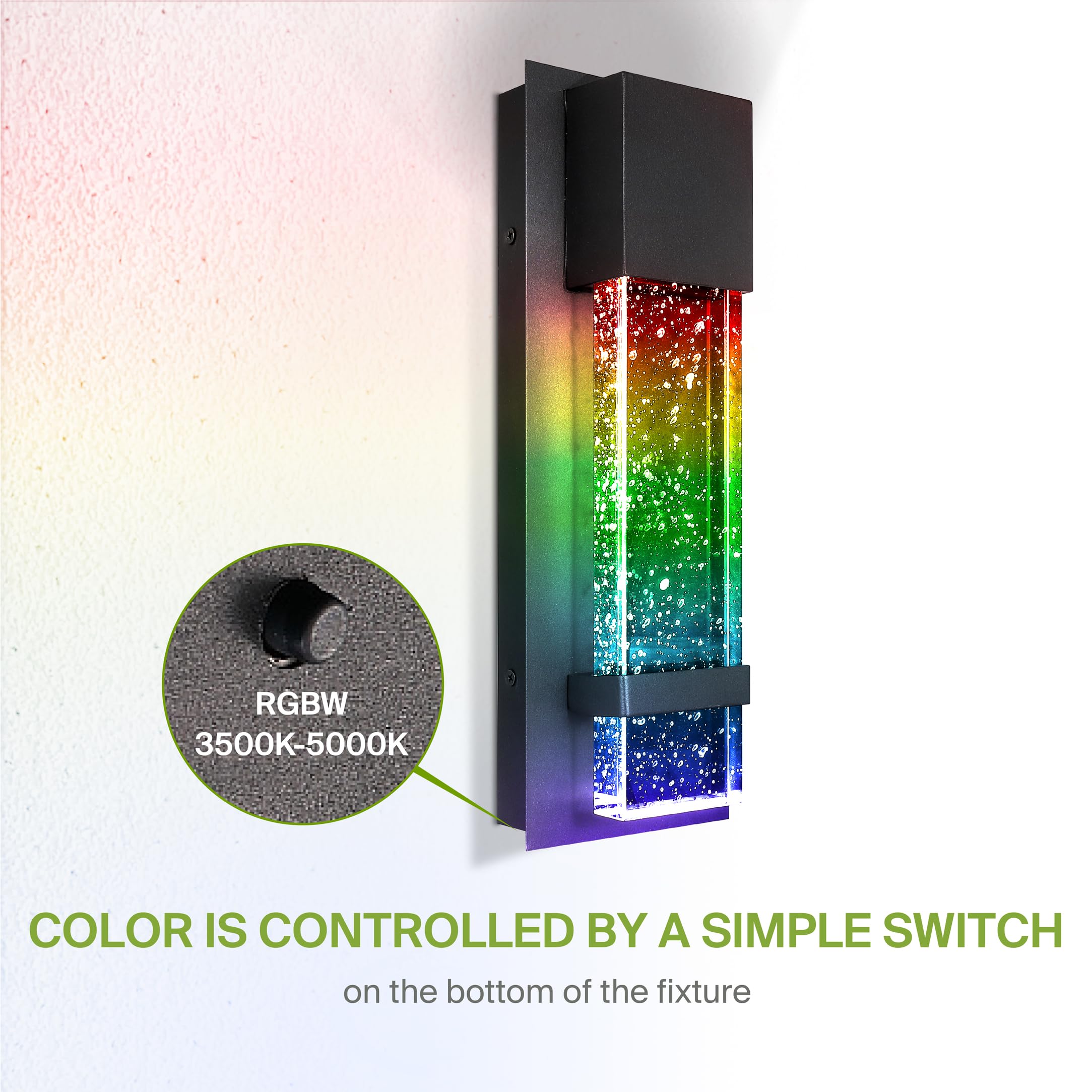 ASD 13 Inch LED Bubble Glass Wall Light Fixture - Waterproof, RGB-3000K-5000K, Black, Model A-LWS26-13N9RGBBK