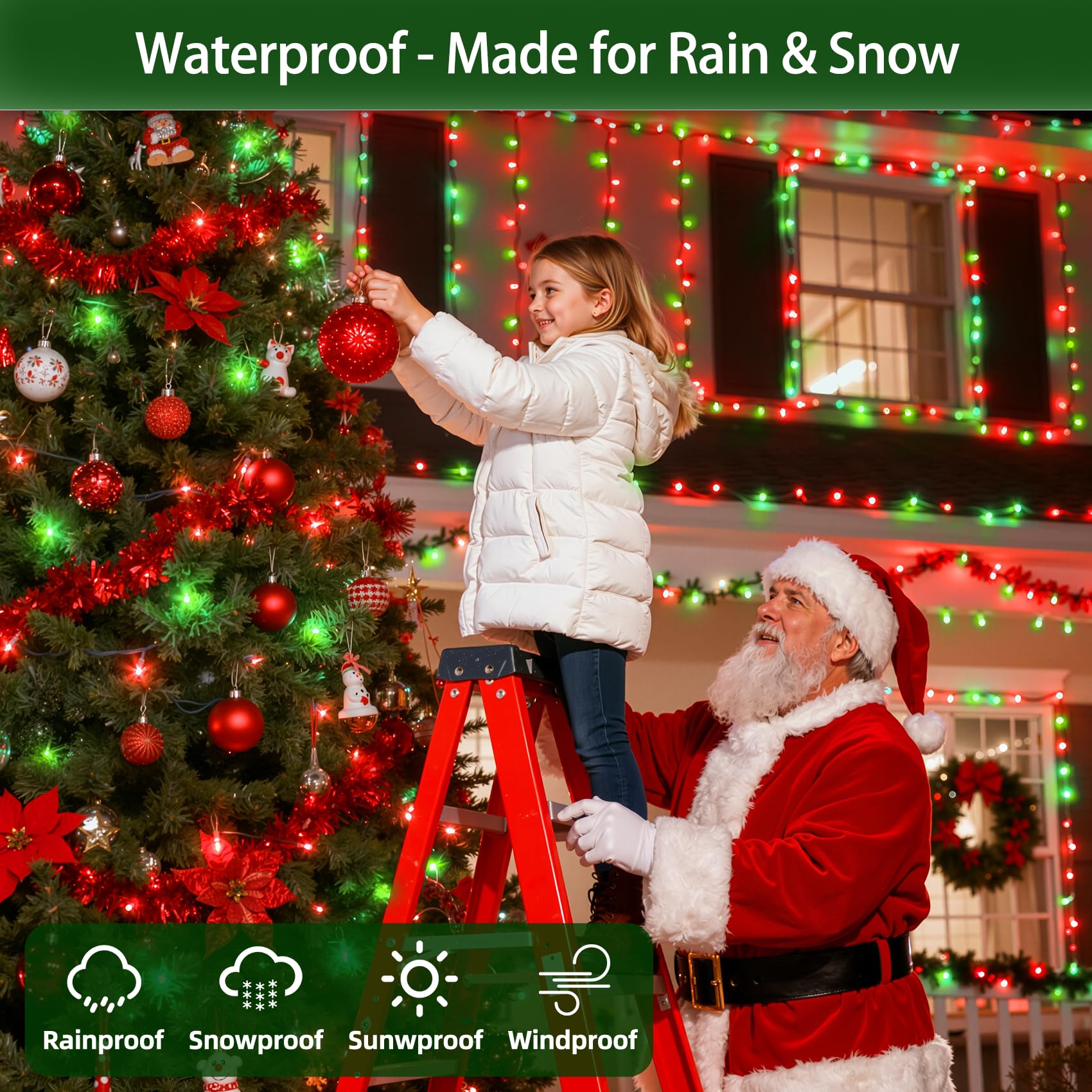 300Led Christmas Lights Outdoor Indoor Use  12 Lighting Modes 75Ft Christmas Tree Lights With Timer  Dimmable Red & Green Led Stringlights Waterproof For Yard Tree Wedding Party Holiday Red & Green