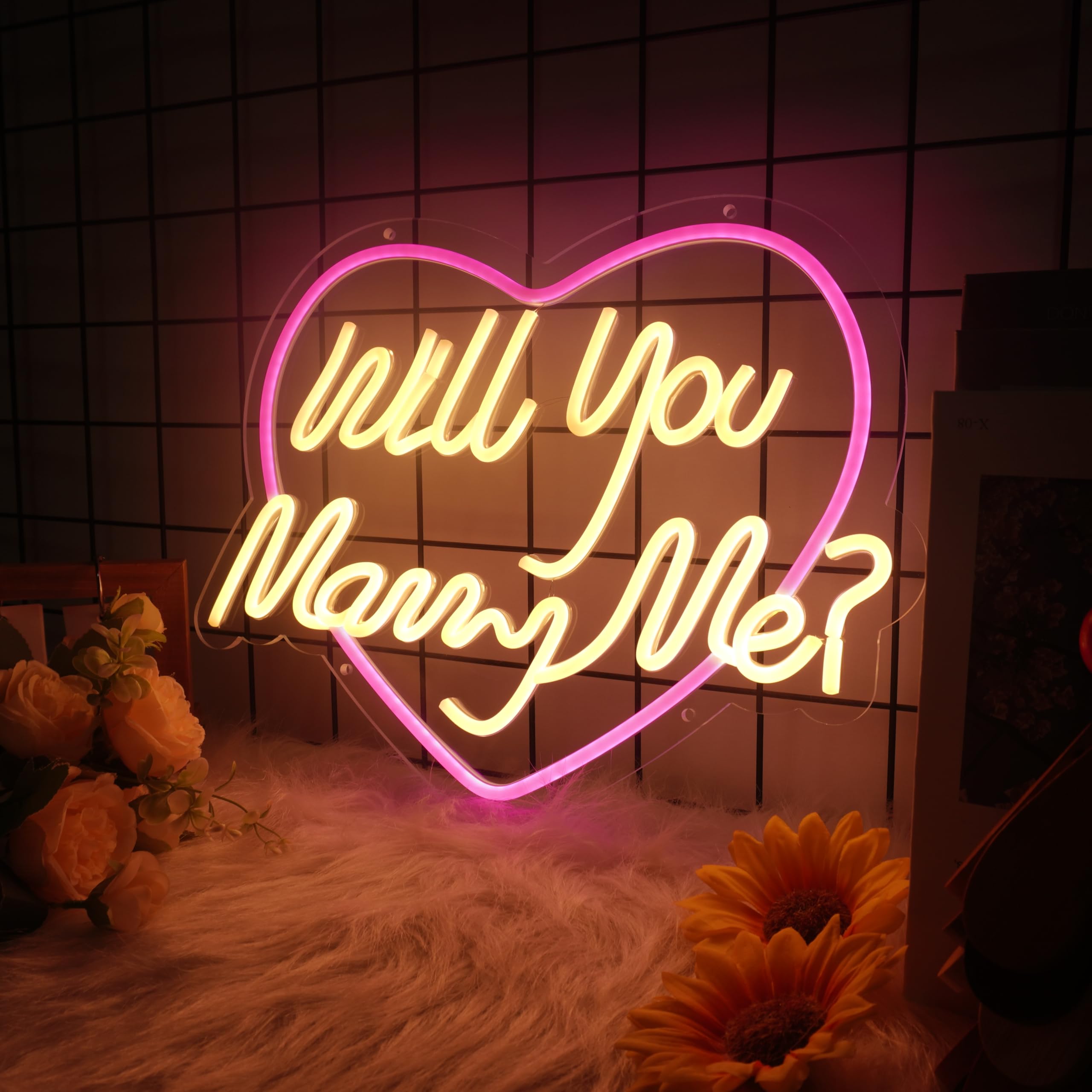 Moneter Will You Marry Me Neon Sign - 16.34"x12.8" LED Acrylic Wedding Decor, USB Powered Engagement Gift