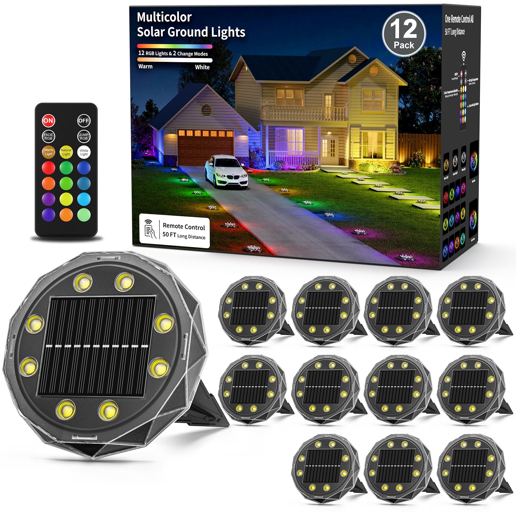 Hicotet Solar Ground Lights, IP67 Waterproof, RGBYW, 15 Multi Color, 12 Pack, Black, Model LNM-CPD-01