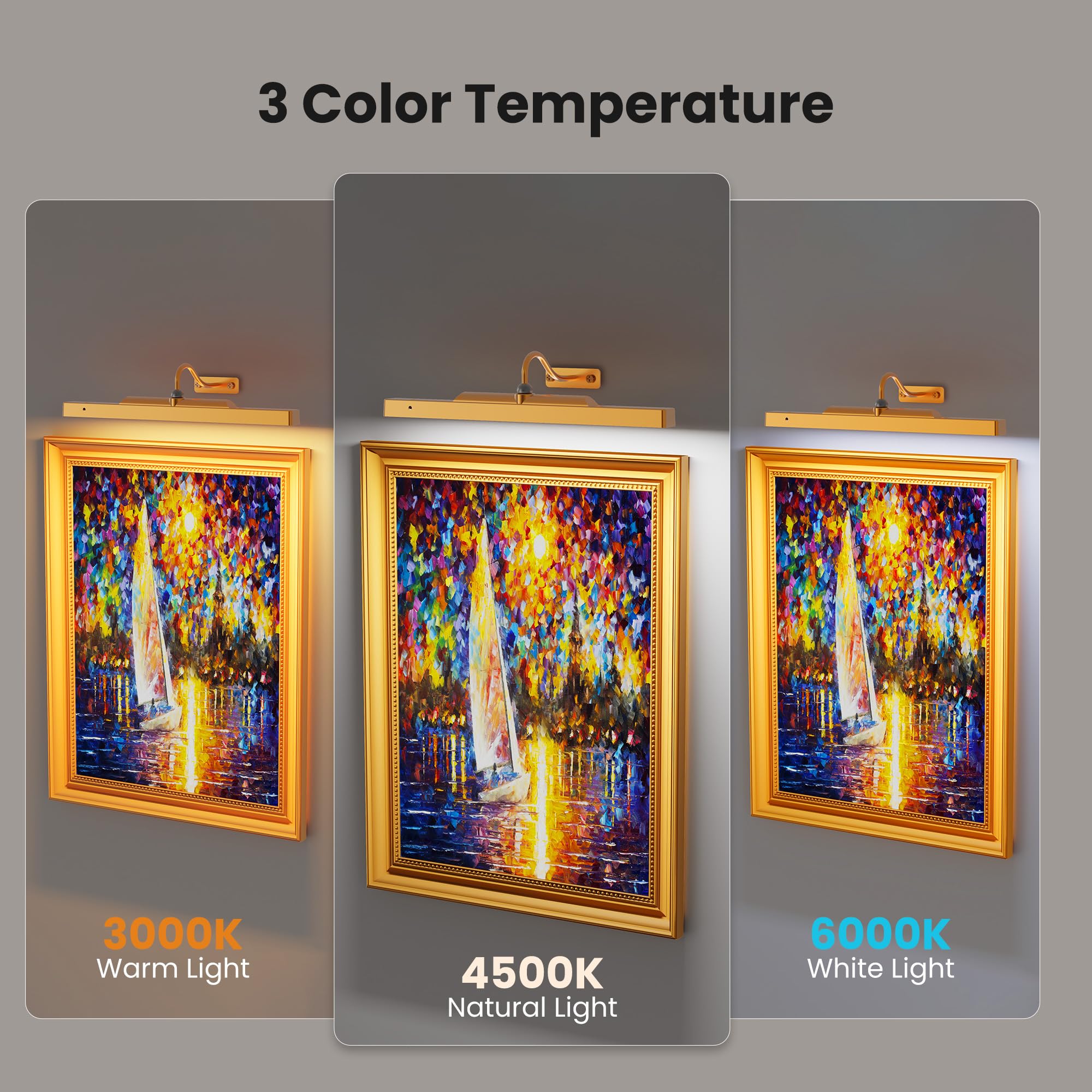 Craftersmark Picture Light 3 Pack - 16in Wireless Rechargeable Gold Art Display Lights for Wall, Perfect for Paintings and Portraits