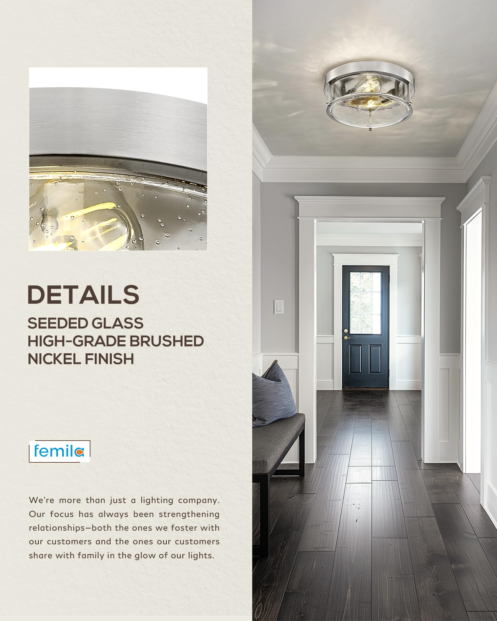 Femila Brushed Nickel Flush Mount Ceiling Light, 12'' Bedroom Ceiling Light, Modern Light Fixtures Ceiling, Seeded Glass, E26 Ba