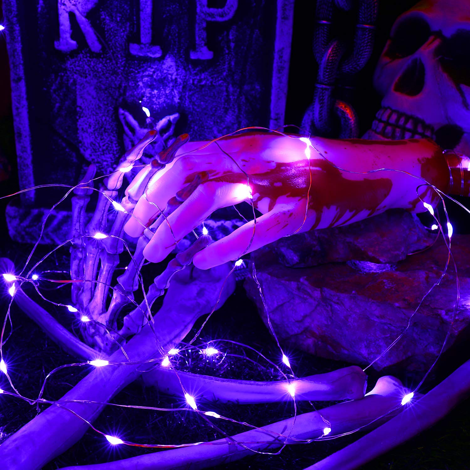 Brizlabs Purple Halloween Lights, 19.47Ft 60 Led Purple Fairy Lights, 2 Modes Battery Halloween String Light, Indoor Silver Wire Halloween Twinkle Lights For Halloween Themed Party Carnival Decoration