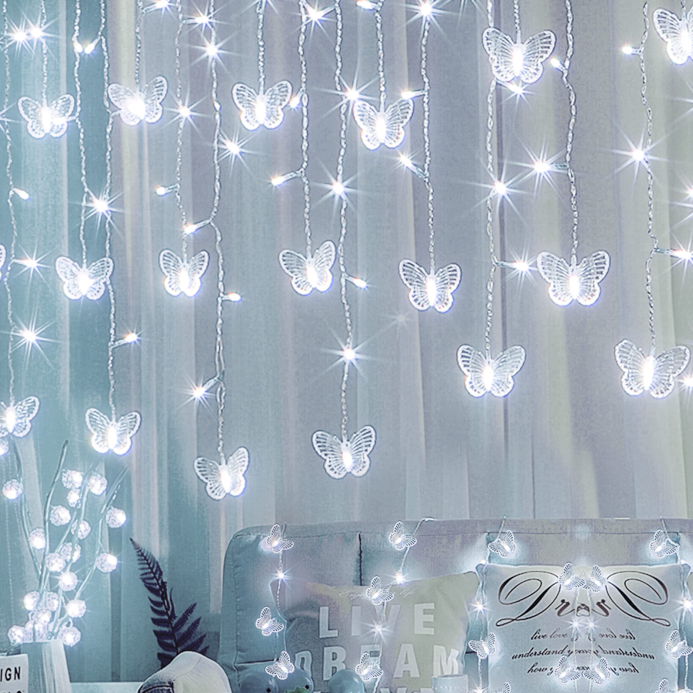 Butterfly Curtain Fairy Lights USB Plug in,120 LED 8 Modes 20FT Firefly Twinkle Icicle String Lights with Remote Timer Waterproo