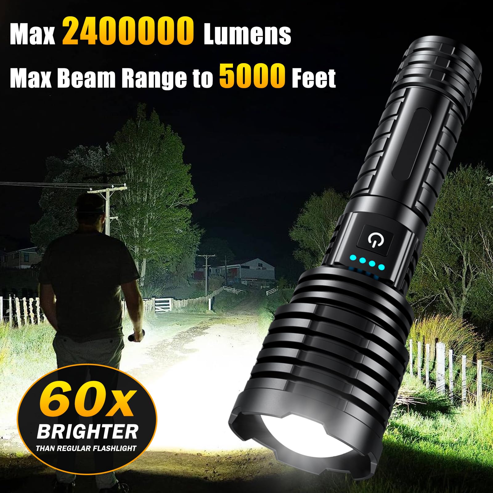Weoxi Rechargeable Flashlight 2400 Lumens, Waterproof LED, Medium Size, Gray, Model XHP160-A8, 5000mAh Battery