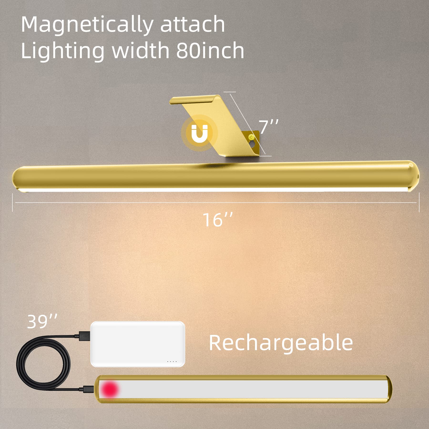 TINTINDOC 16'' Picture Light - Rechargeable LED Art Display Light, Dimmable 300LM, Full Metal, Gold Finish, Model YM-TY