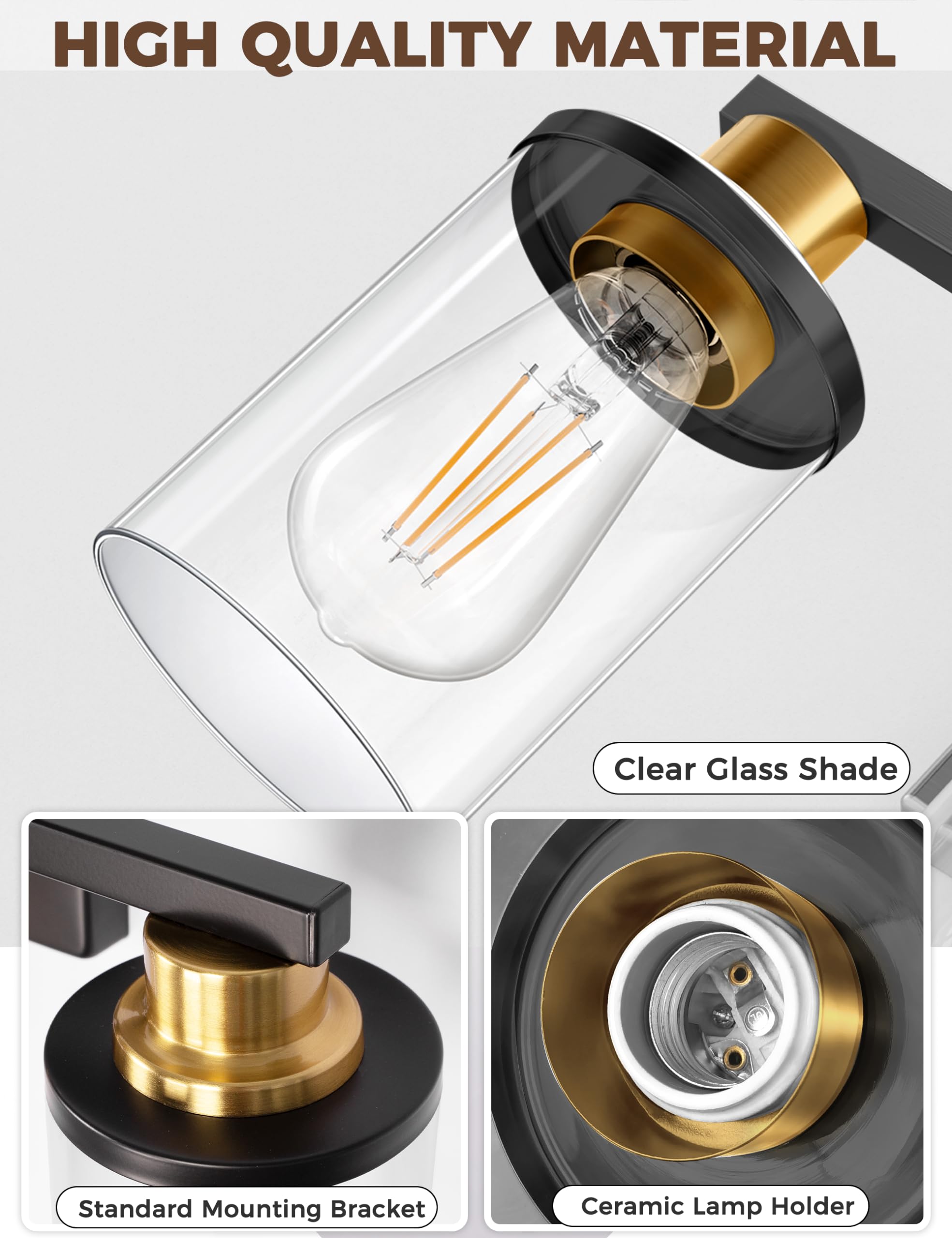 DORESshop Bathroom Light Fixtures, 3-Light Vanity Lights, Black and Gold, Glass Shade, ETL Listed