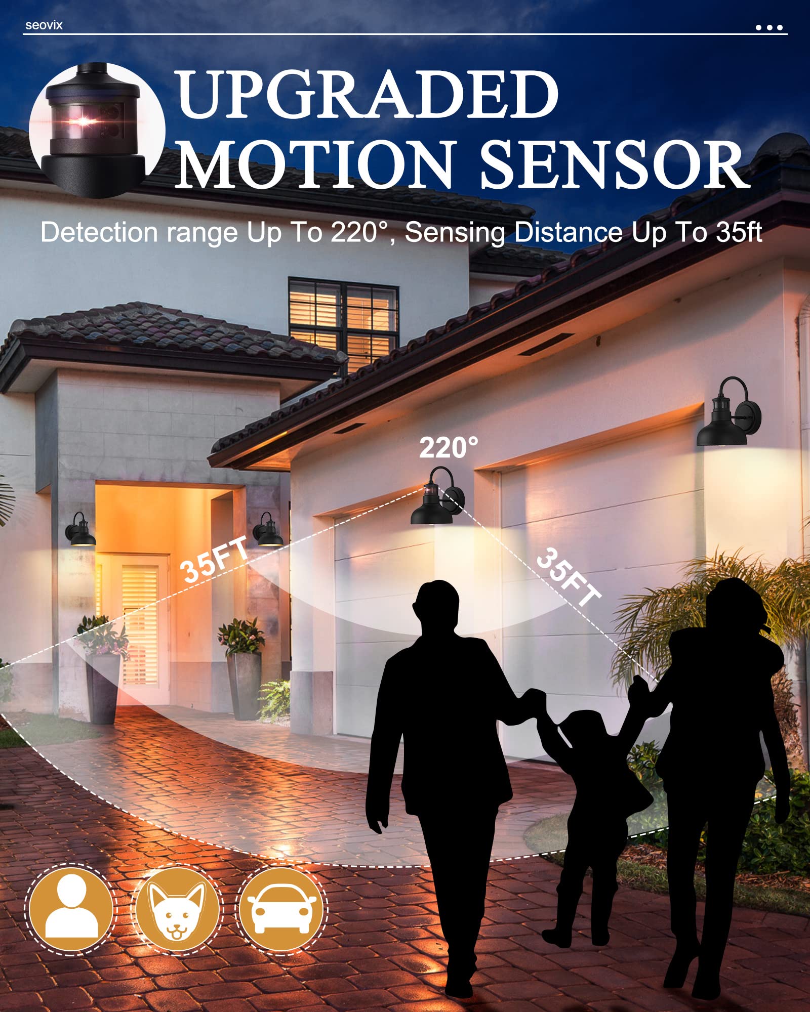 Seovix 4 Pack 9“ Motion Sensor Barn Lights, Outdoor Wall Lights With Dusk To Dawn Feature, Ip65 Waterproof Farmhouse Gooseneck Lights For House, Patio, Garage,Hsmd2215-4