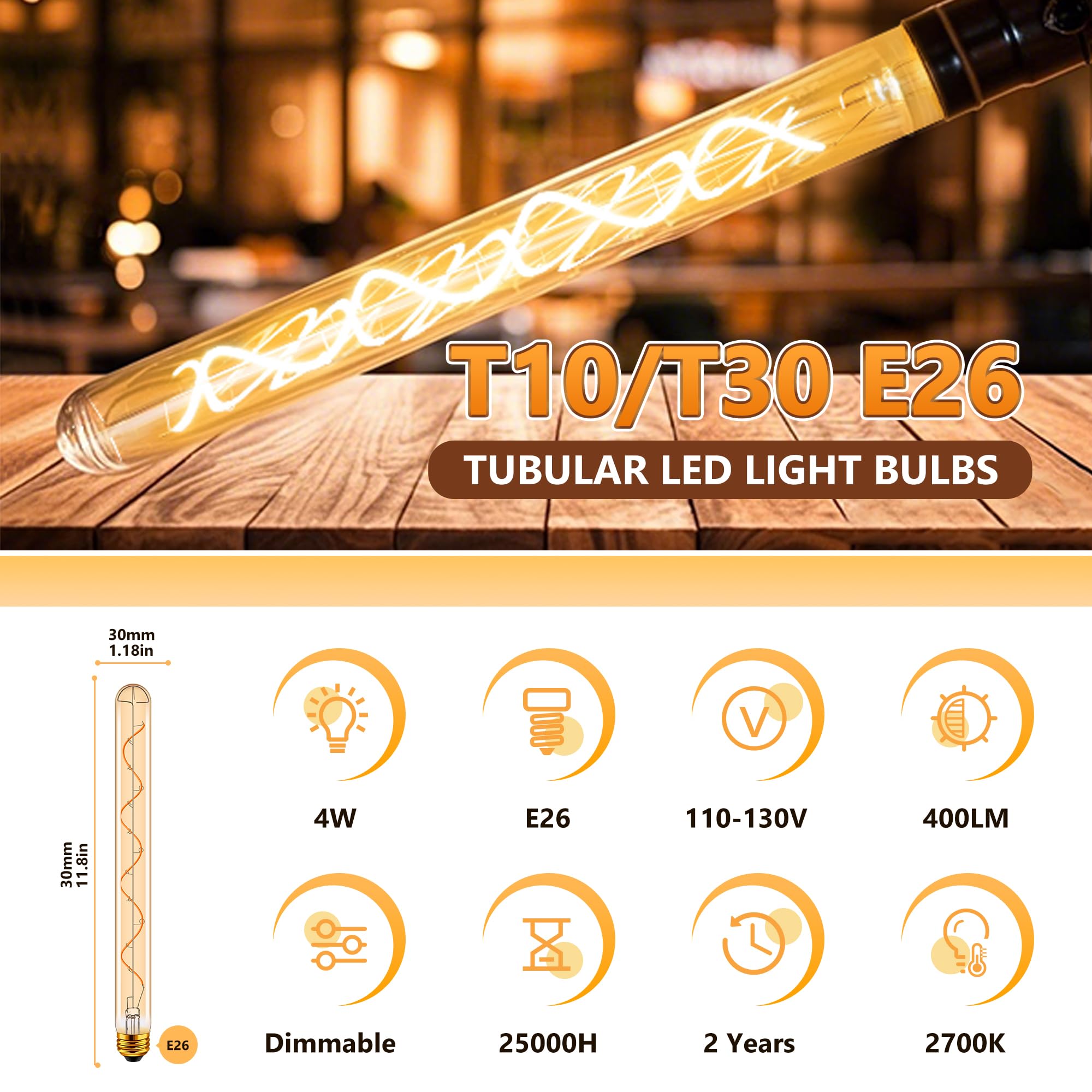 Grensk E26 Long Tubular LED Bulbs, 40W Amber Spiral Edison, 11.8inch T300, Dimmable Vintage Filament, 2700K Warm White,