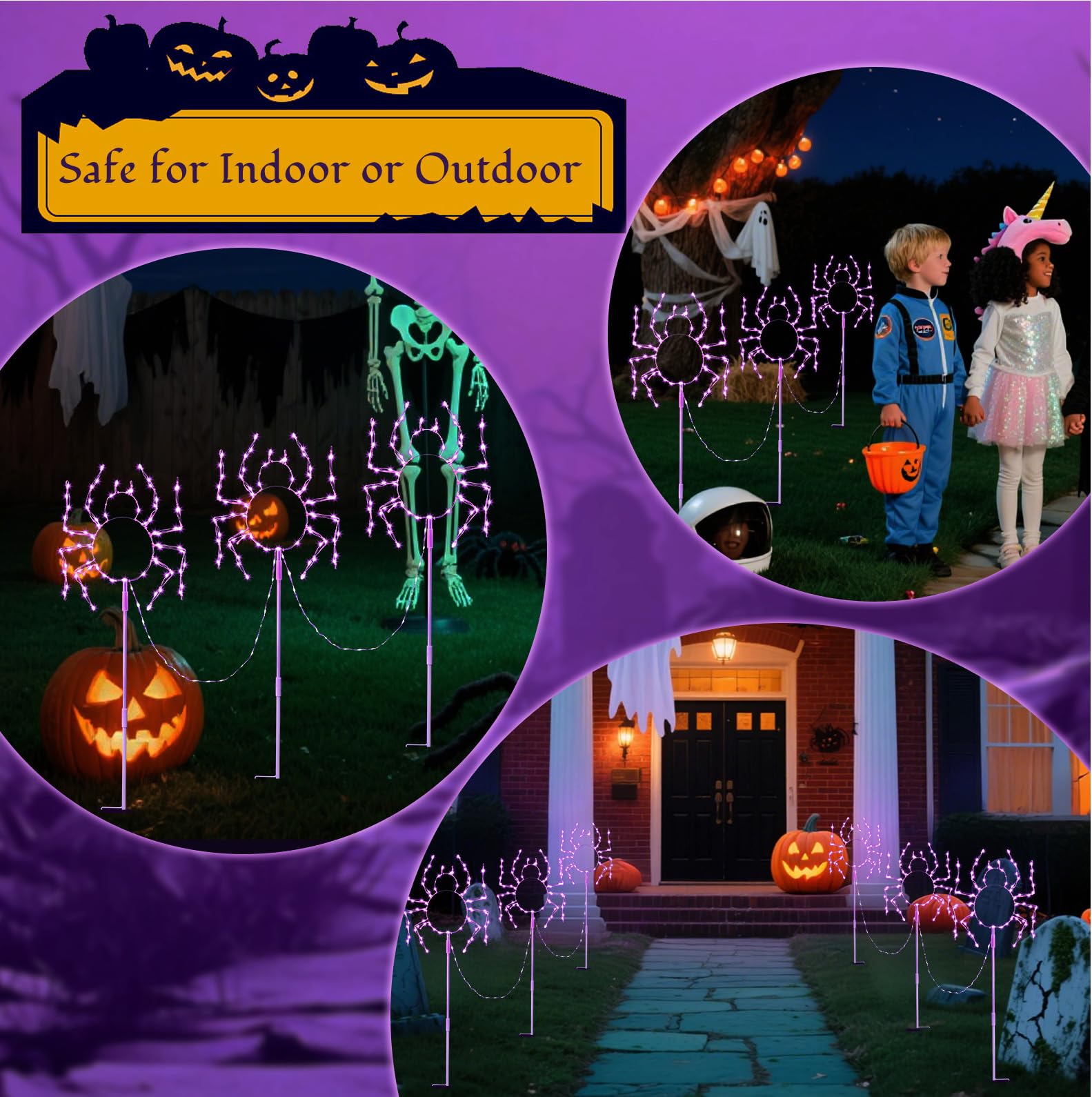 Hopolon Outdoor Halloween Spider Pathway Lights, 3-Pack, 229 LED, Purple, Waterproof with 8 Modes Timer for Garden Decor
