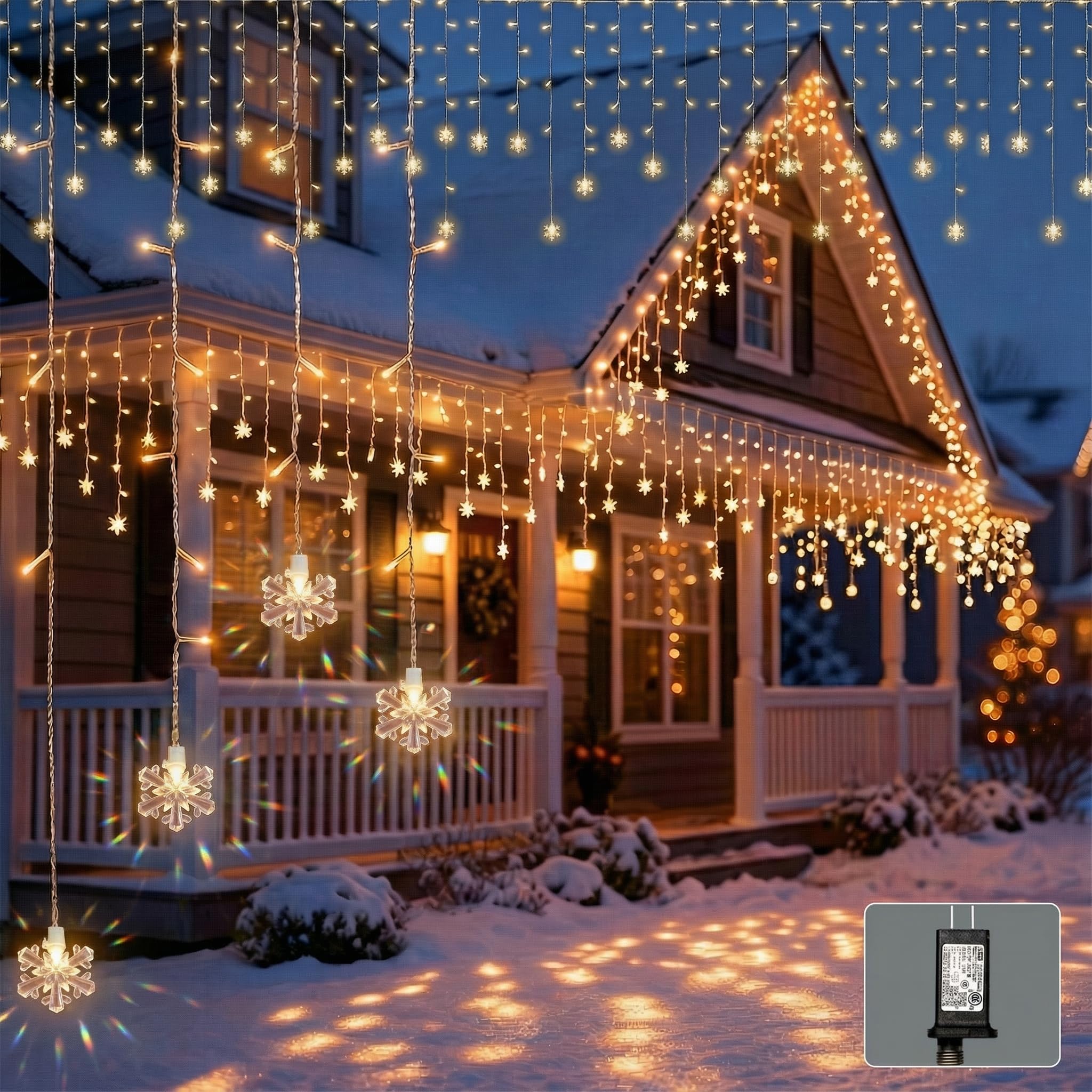 LitTerra Icicle Lights for Outside 180 LED 26.5ft 30 Drops Icicle Christmas Lights Outdoor Snowflake with 8 Mode Function Curtain String Lights Indoor for Patio Garden Bedroom (no Remote  1)