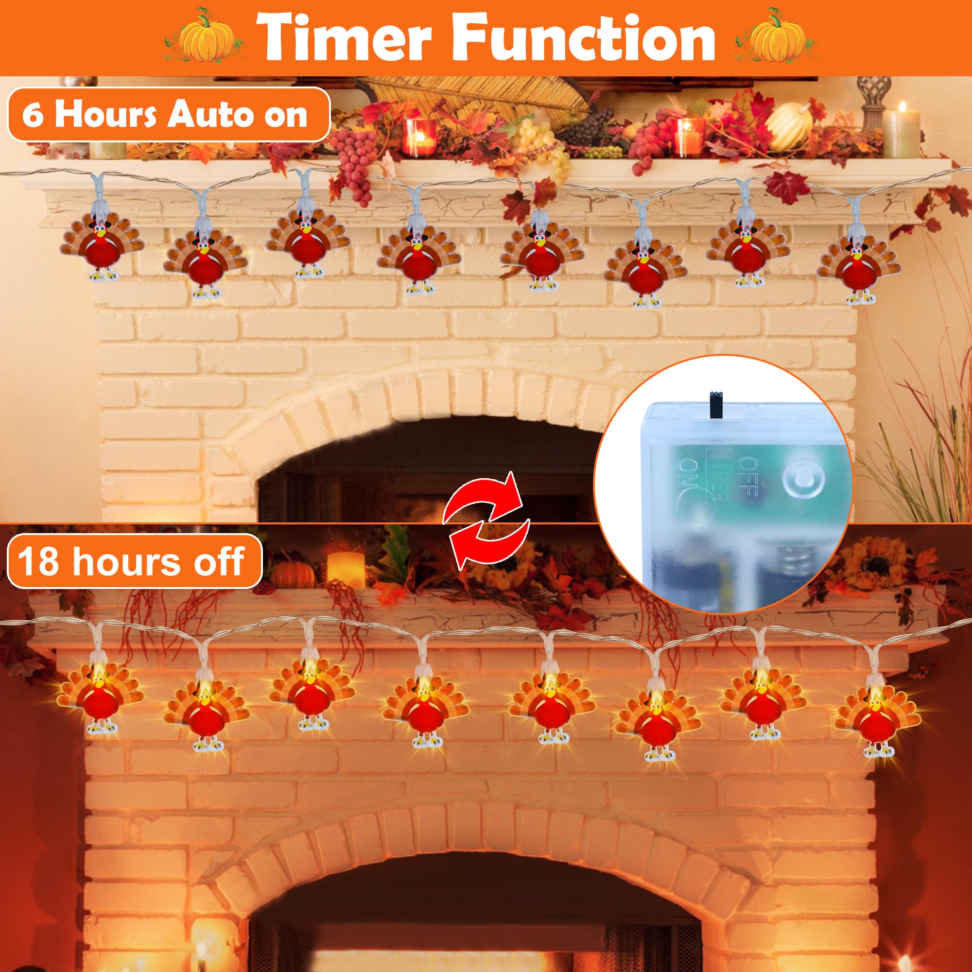 [ Timer ] Thanksgiving Decorations Thanksgiving Turkey Lights Decor, 10Ft 20LED Battery Operated String Lights Thanksgiving Ligh