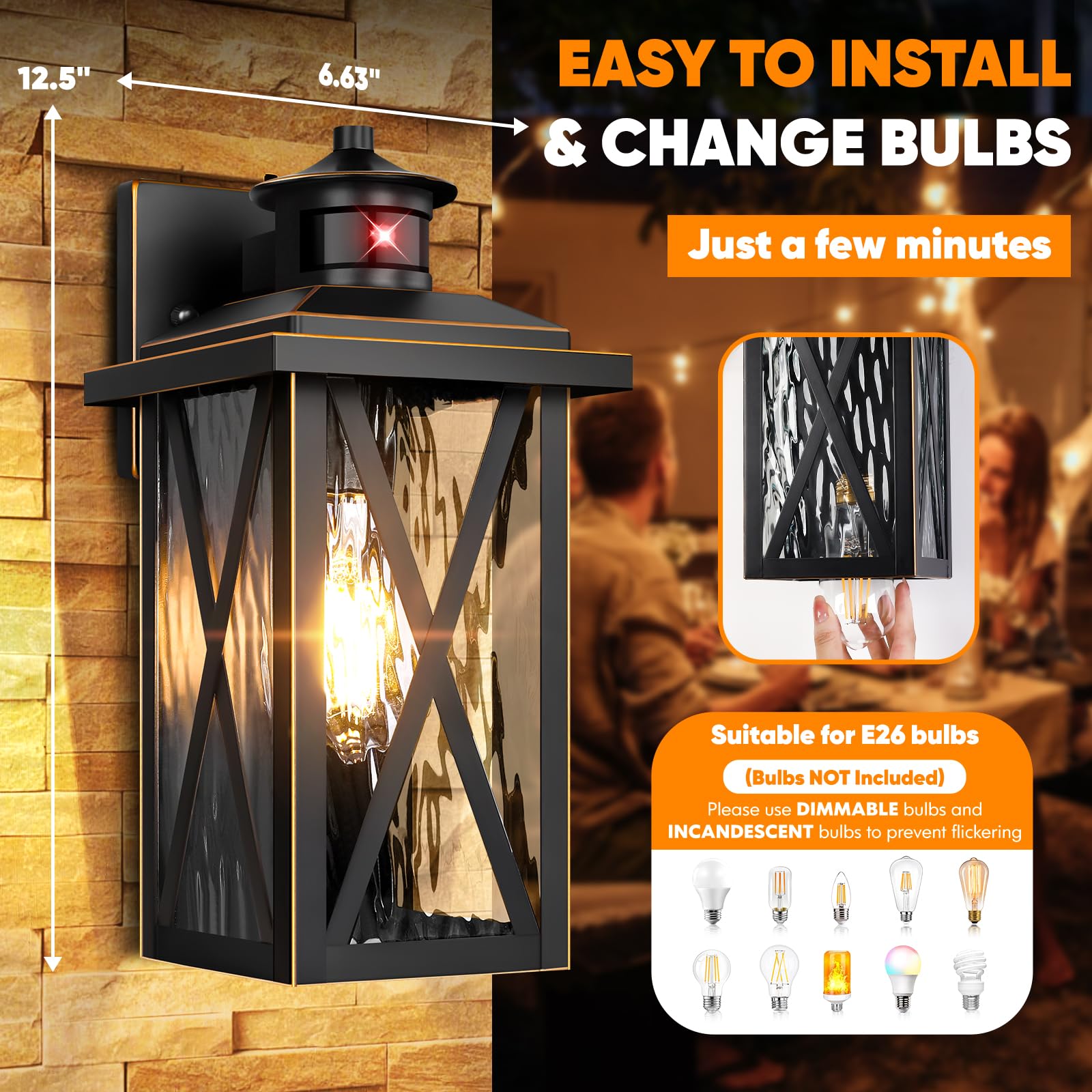 Motion Sensor Porch Lights Outdoor 2-Pack, Dusk To Dawn Waterproof Wall Lanterns, Black Exterior Wall Sconces With E26 Sockets &