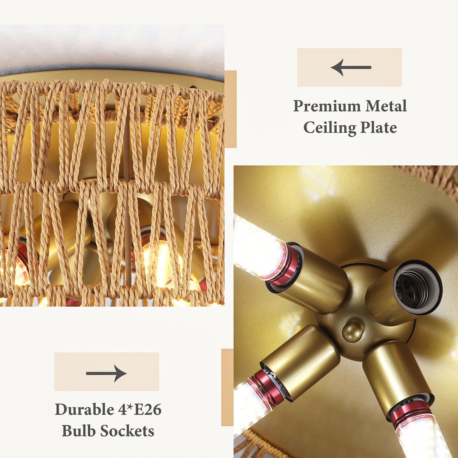 Abeajat Rattan Light Fixtures Ceiling Mount,4-Lights Boho Flush Mount Ceiling Light With Hand-Woven Shade, 18''Rattan Farmhouse