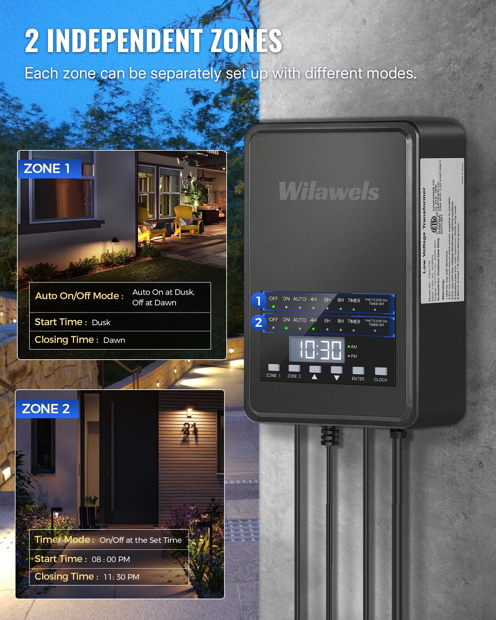 WILAWELS 300W Low Voltage Landscape Transformer, 2 Zone Control, 120VAC to 12/14V AC, Timer & Photocell Sensor, Black, Model D26LT