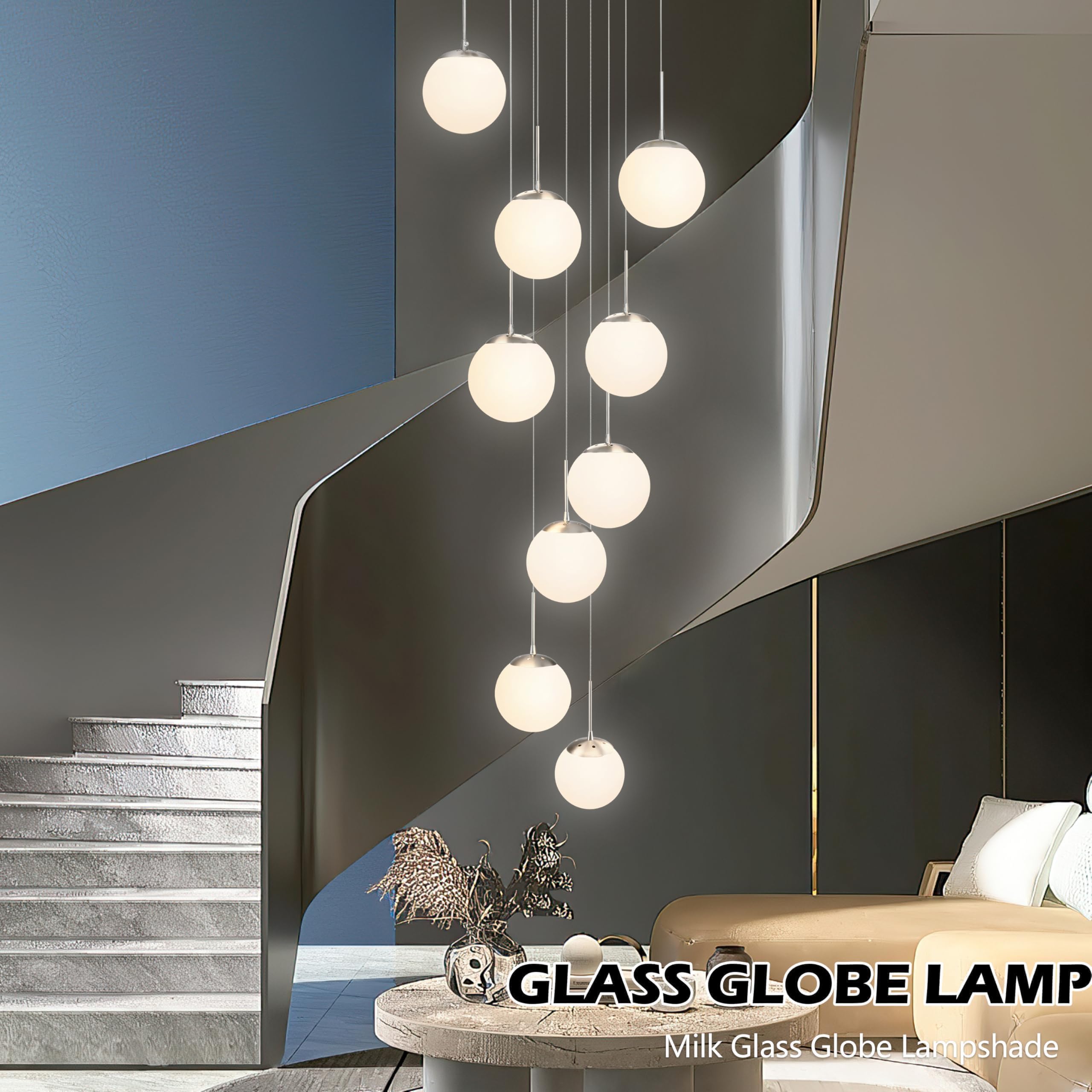 Koko&Yukina 9-Light Globe Milky White Glass Pendant Light Adjustable Length Pendant Lights Modern Glass Globe Pendant Lights Nic
