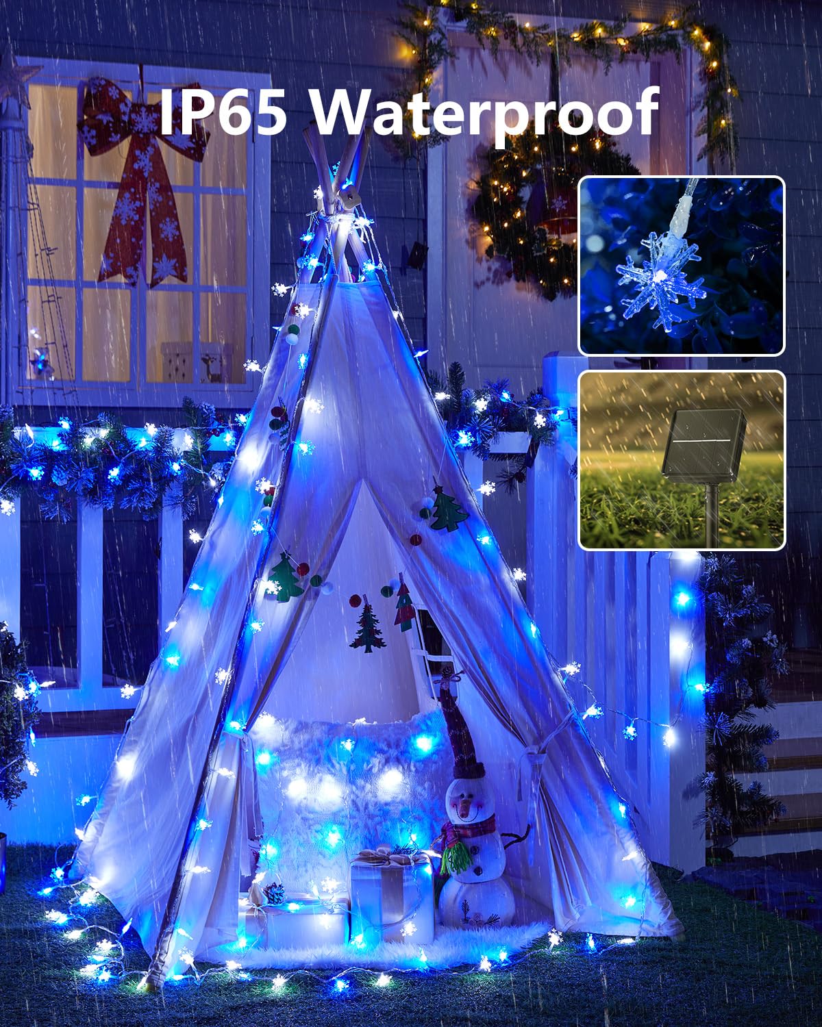 Brightown Solar Christmas Snowflake String Lights, 200 LED, 72FT, Waterproof, 8 Lighting Modes, Blue & Pure White, Model SOLAR-SNOWFLAKE-200LED-BPW