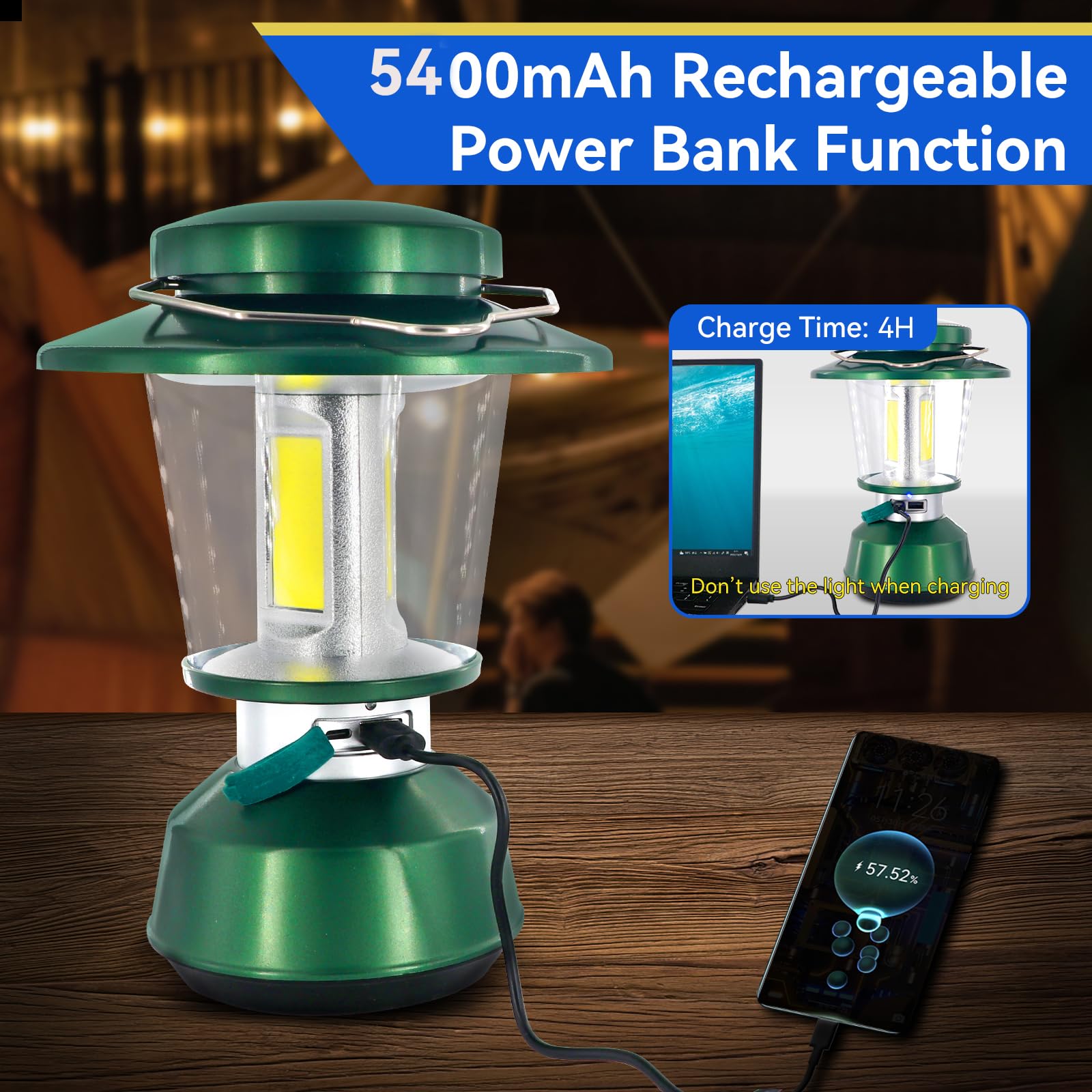 Durapower Rechargeable Camping Lantern - 2800 Lumen LED, 5400 mAh Power Bank, IP44 Waterproof, Green, Model AM20-1364